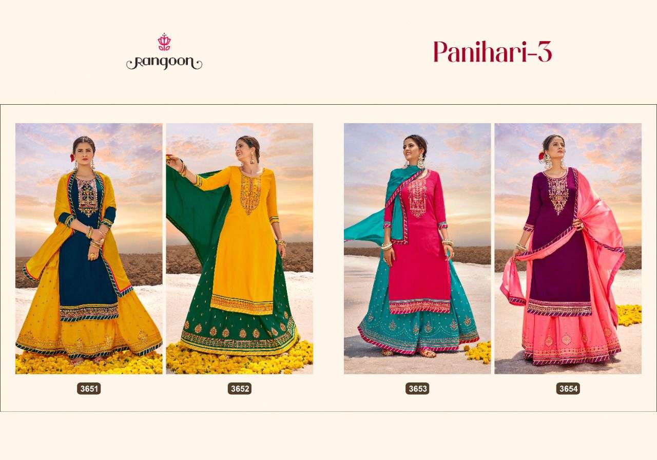 PANIHARI VOL-5 BY RANGOON 3651 TO 3654 SERIES BEAUTIFUL SUITS COLORFUL STYLISH FANCY CASUAL WEAR & ETHNIC WEAR RAYON EMBROIDERED DRESSES AT WHOLESALE PRICE