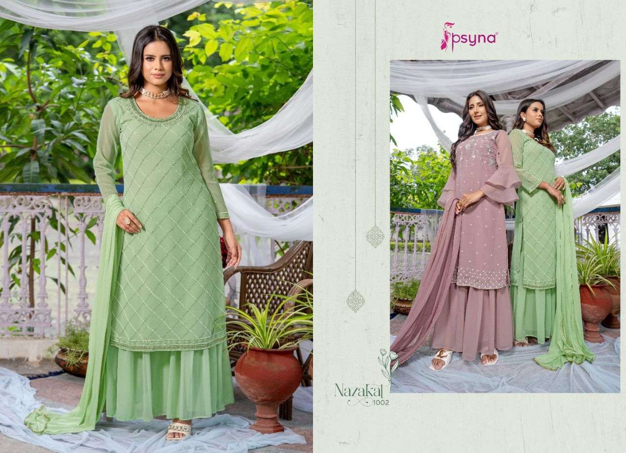 NAZAKAT BY PSYNA 1001 TO 1006 SERIES BEAUTIFUL SHARARA SUITS COLORFUL STYLISH FANCY CASUAL WEAR & ETHNIC WEAR GEORGETTE DRESSES AT WHOLESALE PRICE