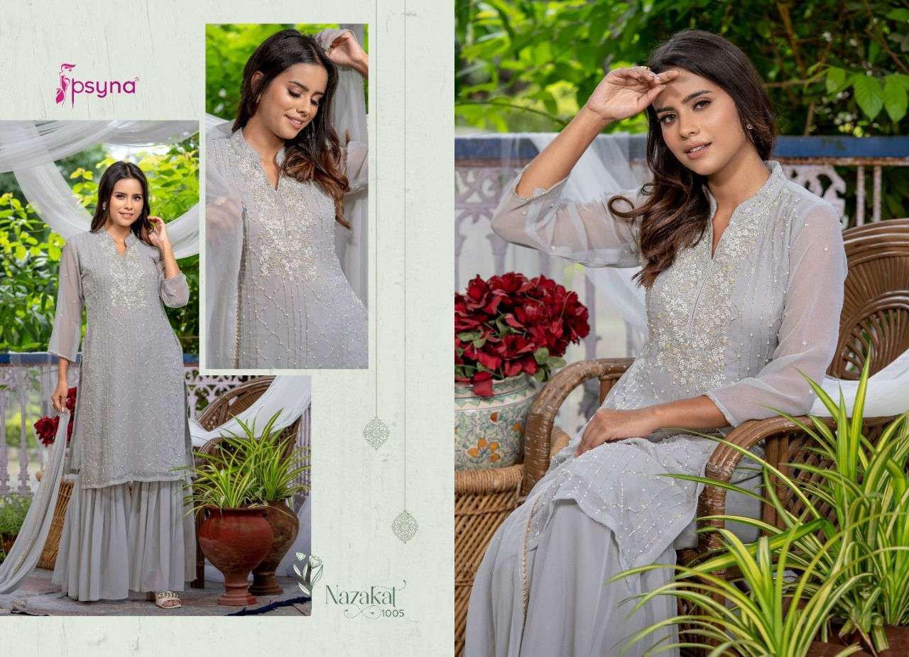 NAZAKAT BY PSYNA 1001 TO 1006 SERIES BEAUTIFUL SHARARA SUITS COLORFUL STYLISH FANCY CASUAL WEAR & ETHNIC WEAR GEORGETTE DRESSES AT WHOLESALE PRICE