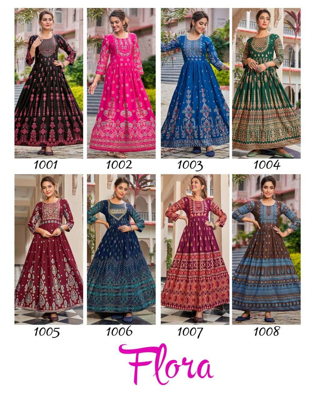 Flora By Banwery Fashion 1001 To 1008 Series Beautiful Stylish Fancy Colorful Casual Wear & Ethnic Wear Rayon Foil Gowns At Wholesale Price