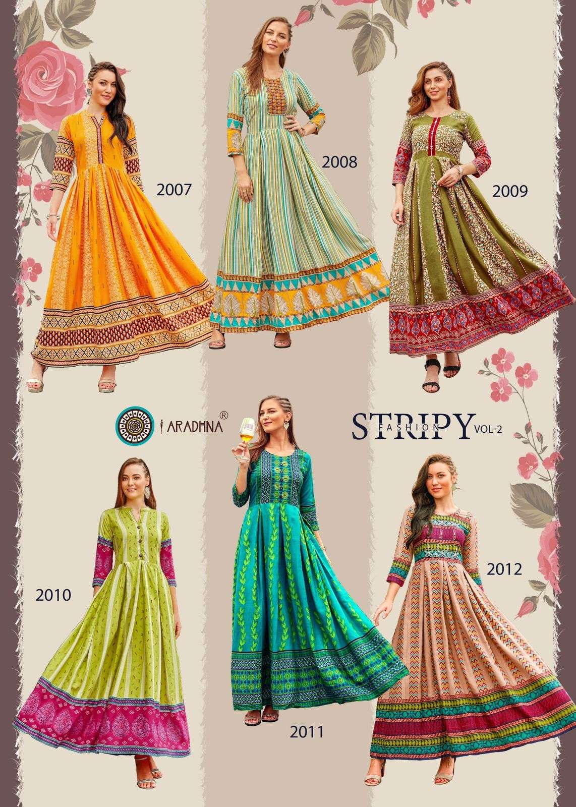 FASHION STRIPY VOL-2 BY ARADHNA FASHION 2001 TO 2012 SERIES BEAUTIFUL STYLISH FANCY COLORFUL CASUAL WEAR & ETHNIC WEAR RAYON FOIL GOWNS AT WHOLESALE PRICE