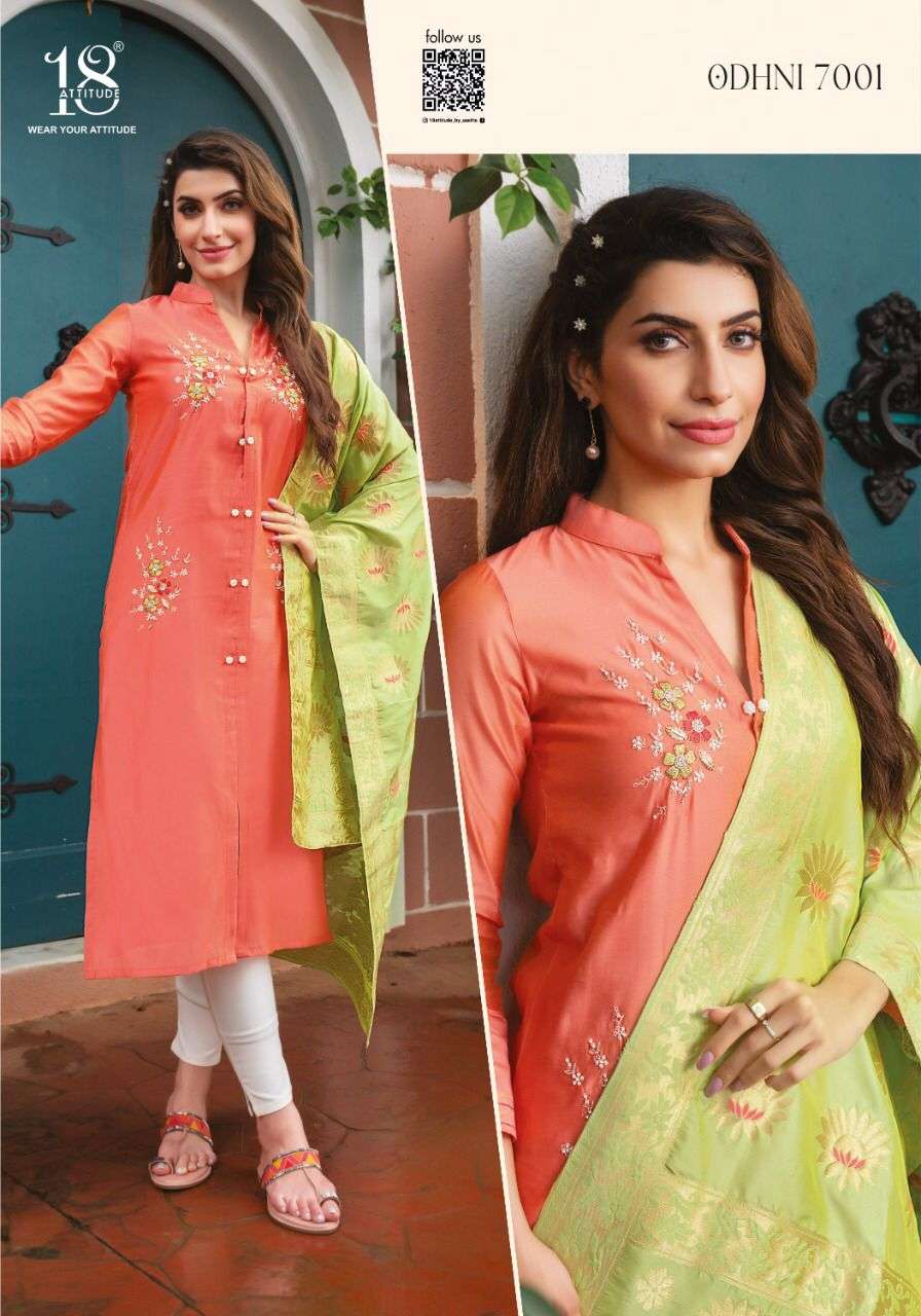 ODHNI VOL-7 BY 18 ATTITUDE 7001 TO 7007 SERIES DESIGNER STYLISH FANCY COLORFUL BEAUTIFUL PARTY WEAR & ETHNIC WEAR COLLECTION CHANDERI SILK KURTIS WITH DUPATTA AT WHOLESALE PRICE