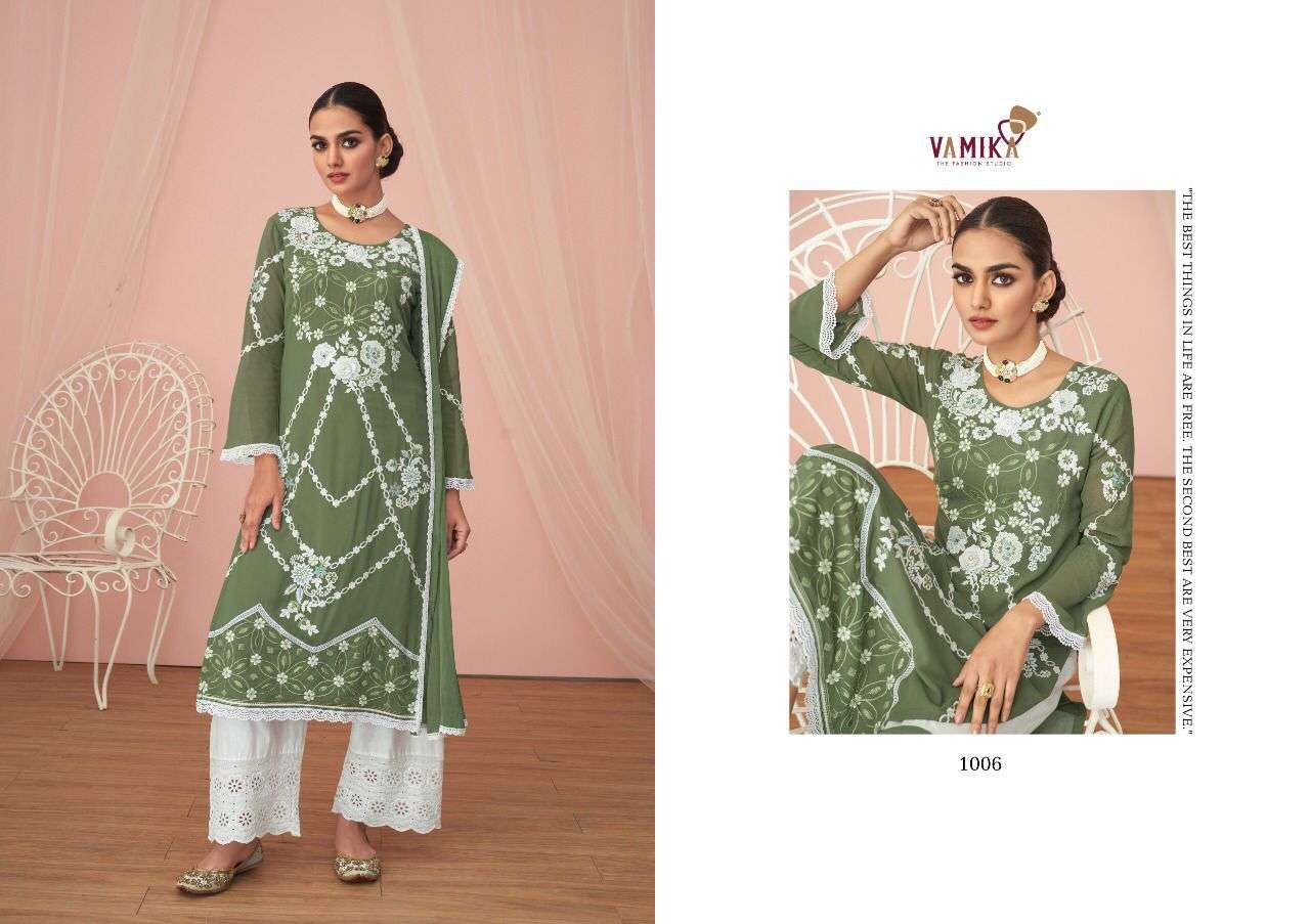 NOOR BY VAMIKA 1001 TO 1006 SERIES BEAUTIFUL SUITS COLORFUL STYLISH FANCY CASUAL WEAR & ETHNIC WEAR FAUX GEORGETTE EMBROIDERED DRESSES AT WHOLESALE PRICE
