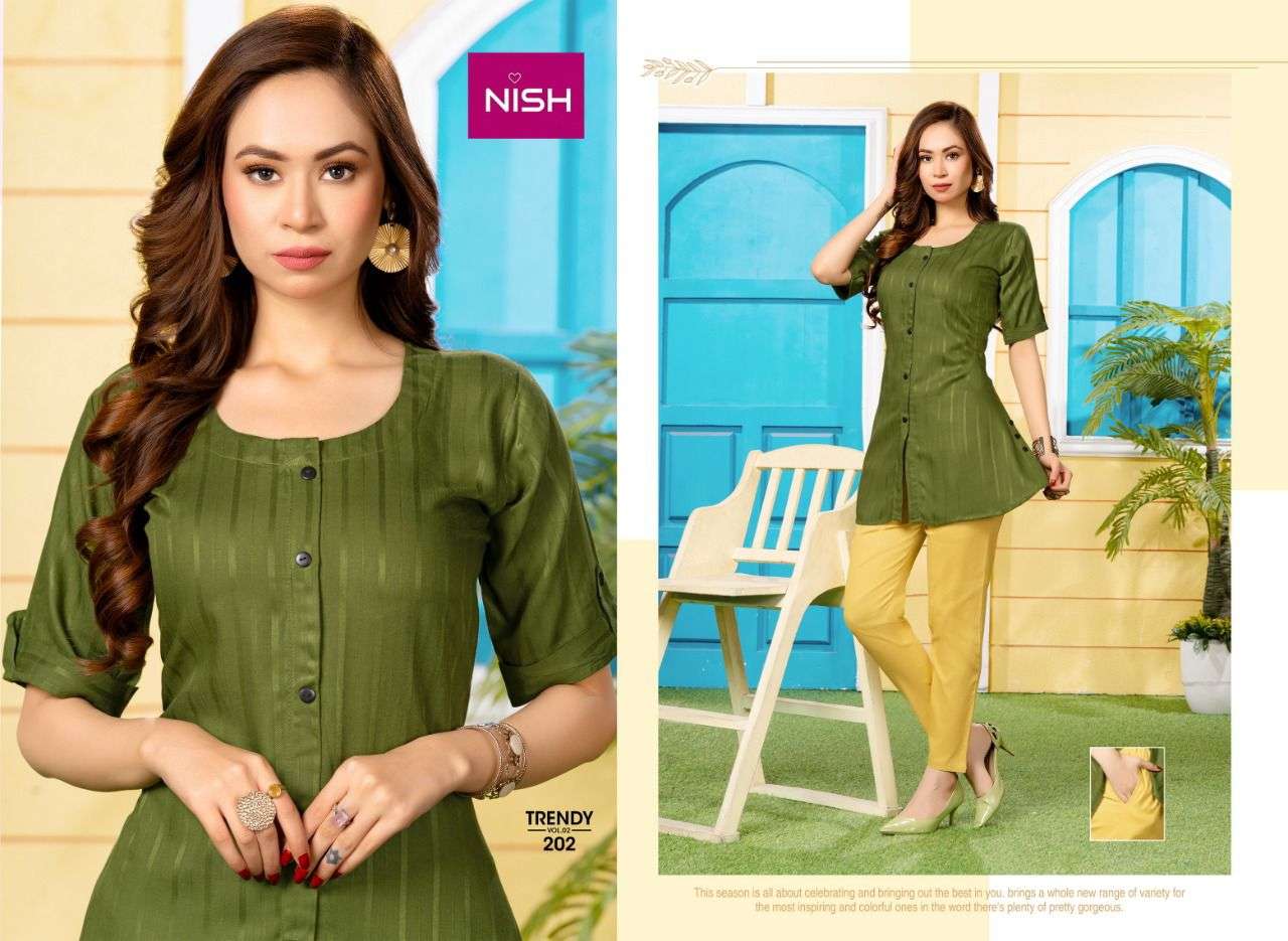 TRENDY VOL-2 BY NISH 201 TO 208 SERIES DESIGNER STYLISH FANCY COLORFUL BEAUTIFUL PARTY WEAR & ETHNIC WEAR COLLECTION RAYON KURTIS WITH BOTTOM AT WHOLESALE PRICE