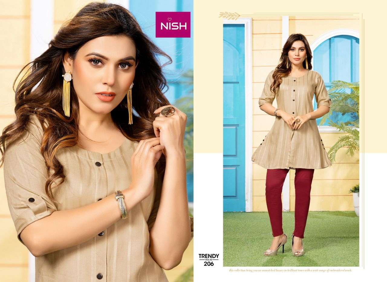 TRENDY VOL-2 BY NISH 201 TO 208 SERIES DESIGNER STYLISH FANCY COLORFUL BEAUTIFUL PARTY WEAR & ETHNIC WEAR COLLECTION RAYON KURTIS WITH BOTTOM AT WHOLESALE PRICE