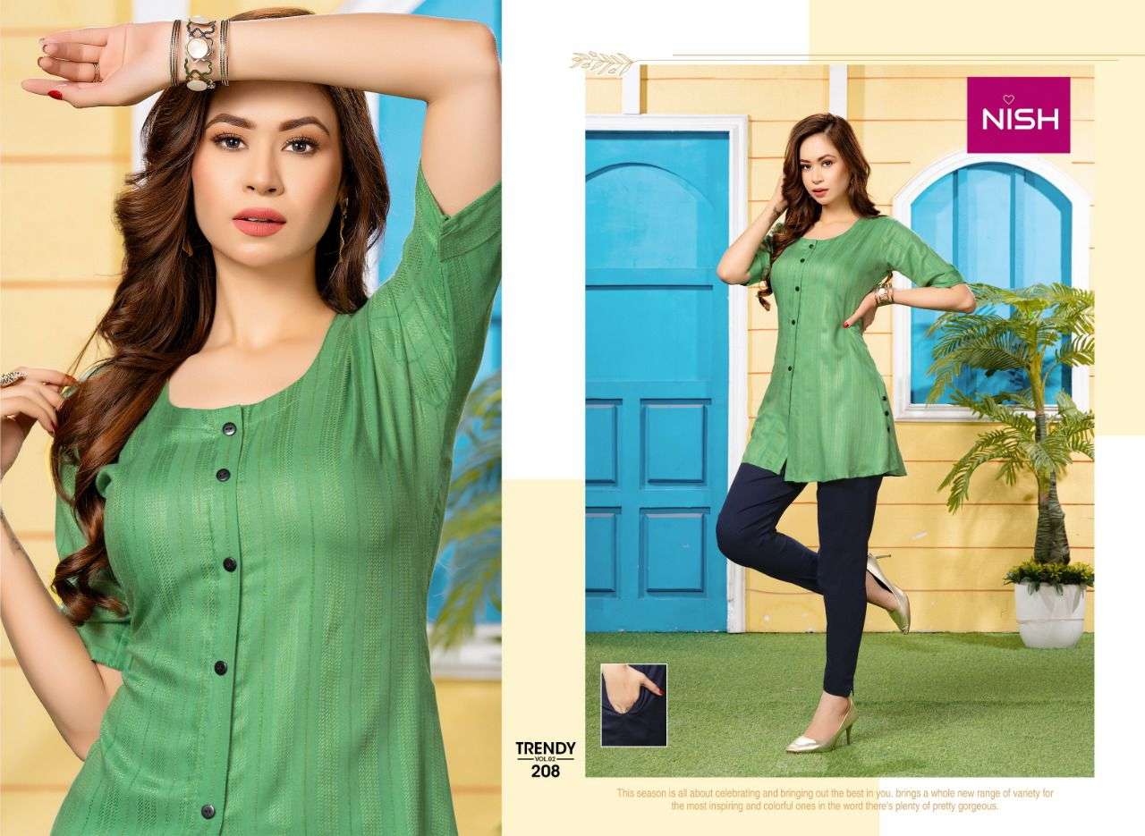 TRENDY VOL-2 BY NISH 201 TO 208 SERIES DESIGNER STYLISH FANCY COLORFUL BEAUTIFUL PARTY WEAR & ETHNIC WEAR COLLECTION RAYON KURTIS WITH BOTTOM AT WHOLESALE PRICE