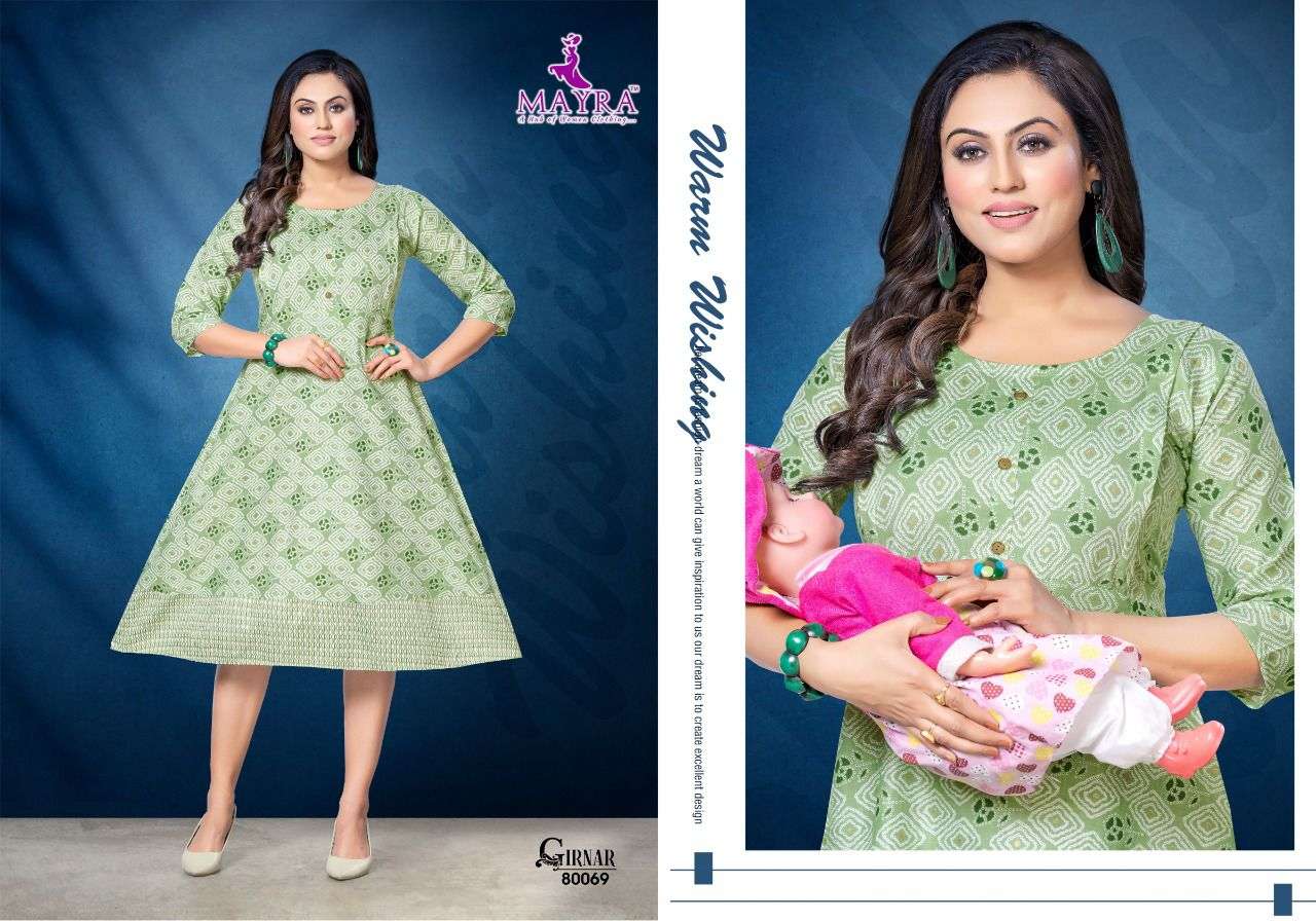 GIRNAR BY MAYRA 80069 TO 80074 SERIES BEAUTIFUL STYLISH FANCY COLORFUL CASUAL WEAR & ETHNIC WEAR RAYON FOIL KURTIS AT WHOLESALE PRICE