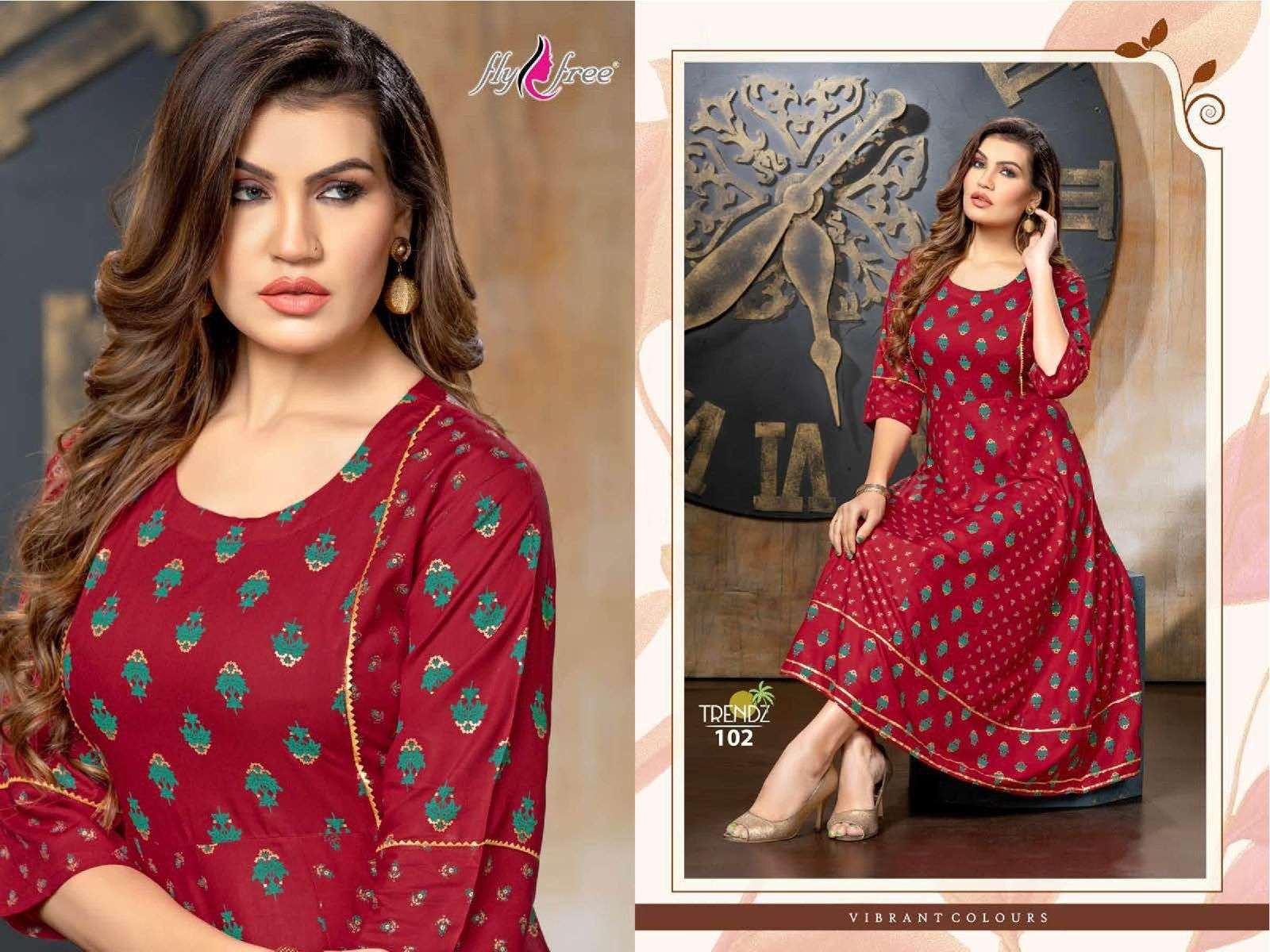 TRENDZ BY FLY FREE 101 TO 108 SERIES BEAUTIFUL STYLISH FANCY COLORFUL CASUAL WEAR & ETHNIC WEAR RAYON FOIL KURTIS AT WHOLESALE PRICE