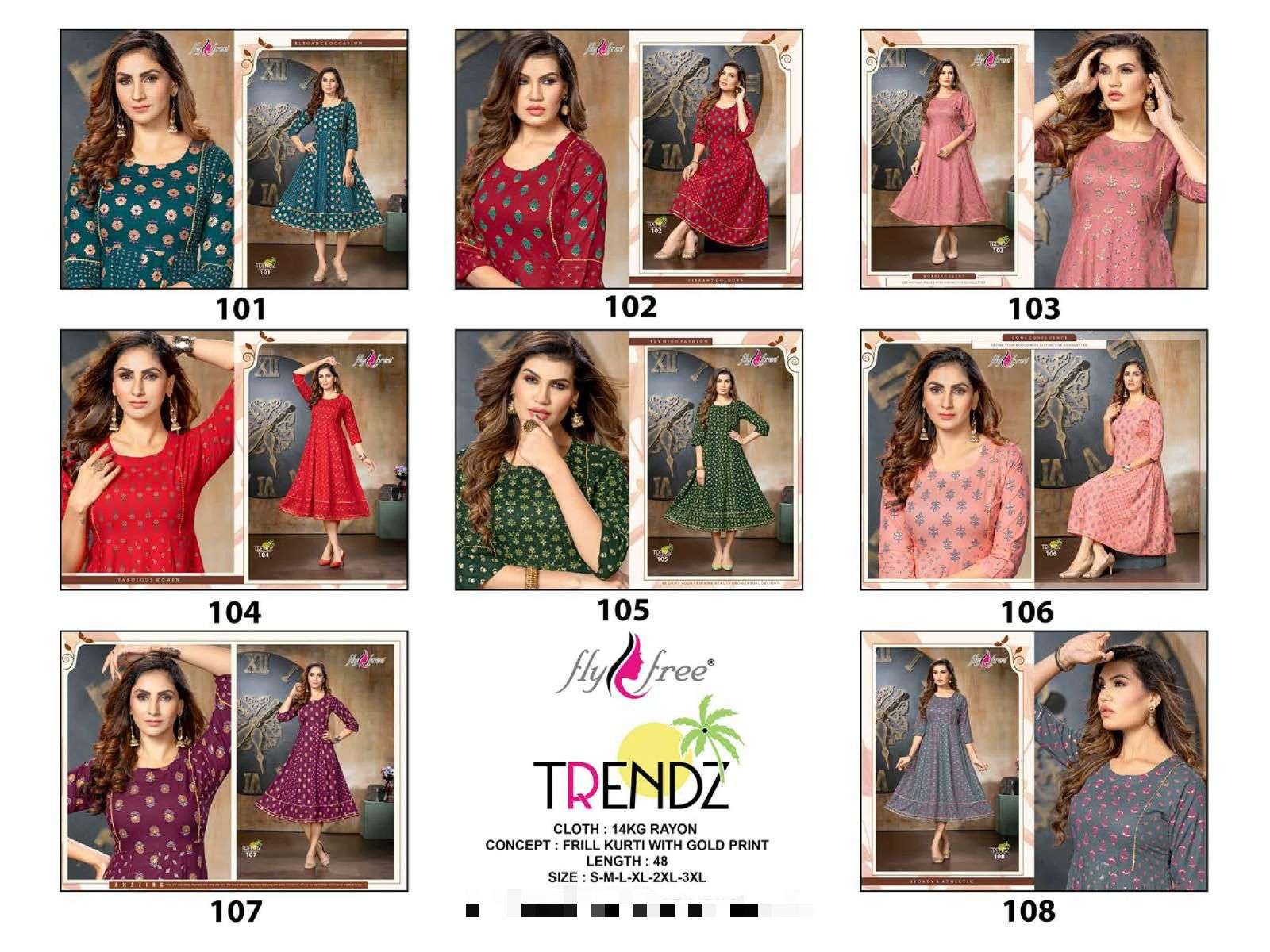 TRENDZ BY FLY FREE 101 TO 108 SERIES BEAUTIFUL STYLISH FANCY COLORFUL CASUAL WEAR & ETHNIC WEAR RAYON FOIL KURTIS AT WHOLESALE PRICE