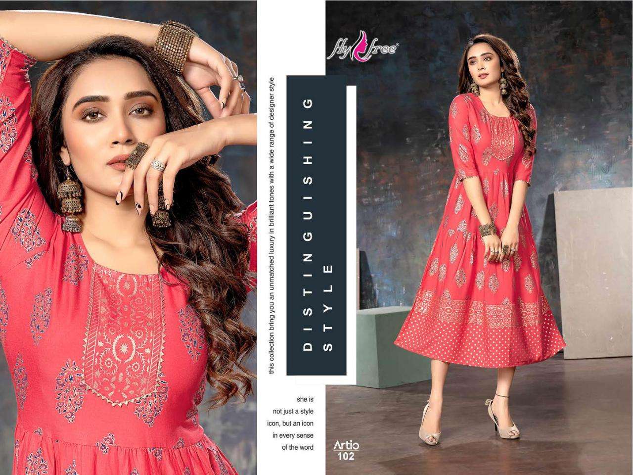 ARTIO BY FLY FREE 101 TO 108 SERIES BEAUTIFUL STYLISH FANCY COLORFUL CASUAL WEAR & ETHNIC WEAR RAYON FOIL KURTIS AT WHOLESALE PRICE