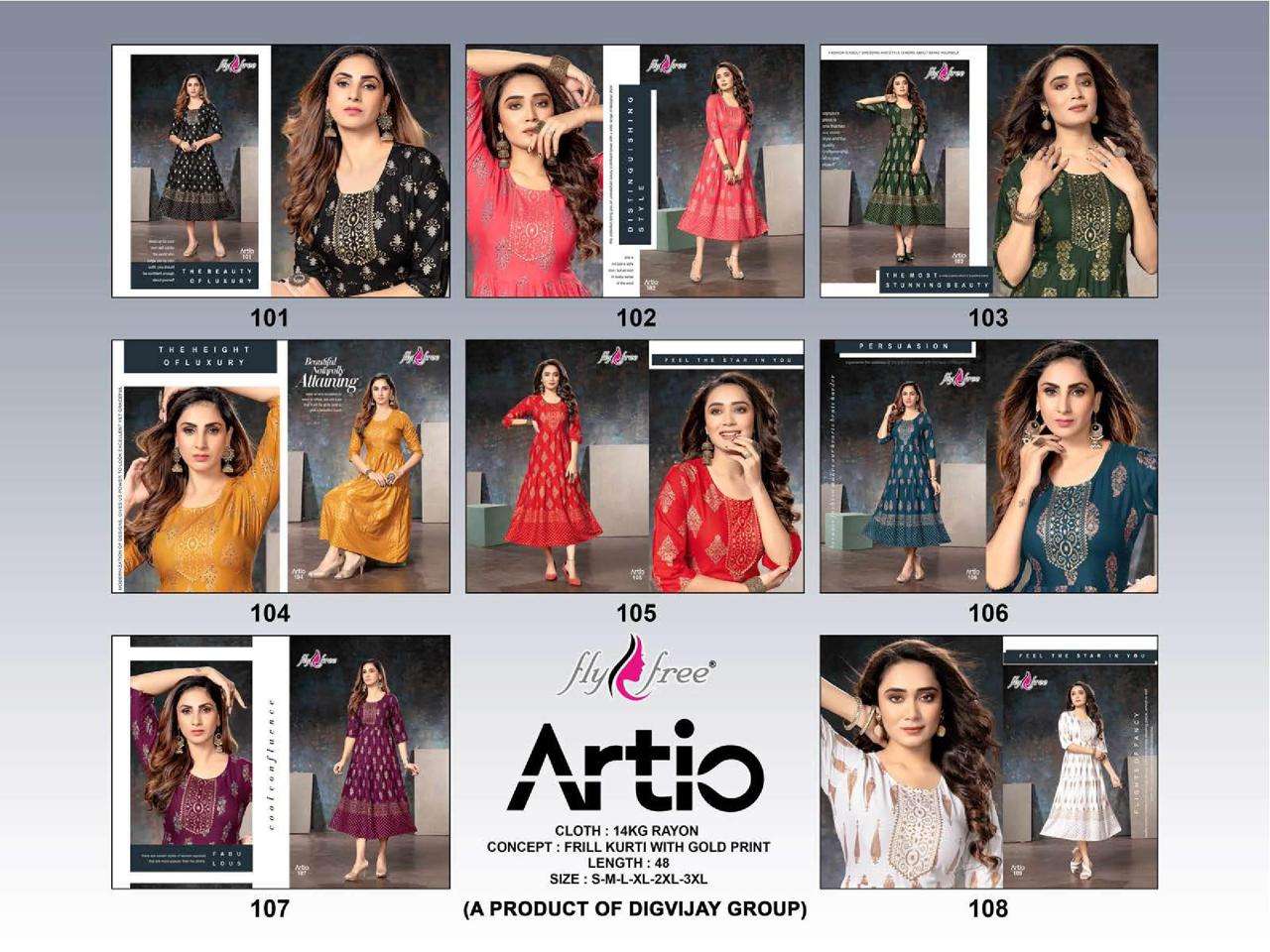 ARTIO BY FLY FREE 101 TO 108 SERIES BEAUTIFUL STYLISH FANCY COLORFUL CASUAL WEAR & ETHNIC WEAR RAYON FOIL KURTIS AT WHOLESALE PRICE