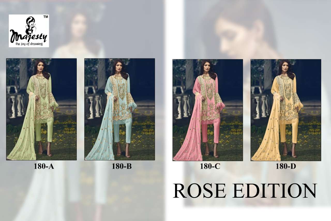 ROSE EDITION 180 COLOURS BY MAJESTY 180-A TO 180-D SERIES BEAUTIFUL STYLISH PAKISTANI SUITS FANCY COLORFUL CASUAL WEAR & ETHNIC WEAR & READY TO WEAR FAUX GEORGETTE EMBROIDERY DRESSES AT WHOLESALE PRICE