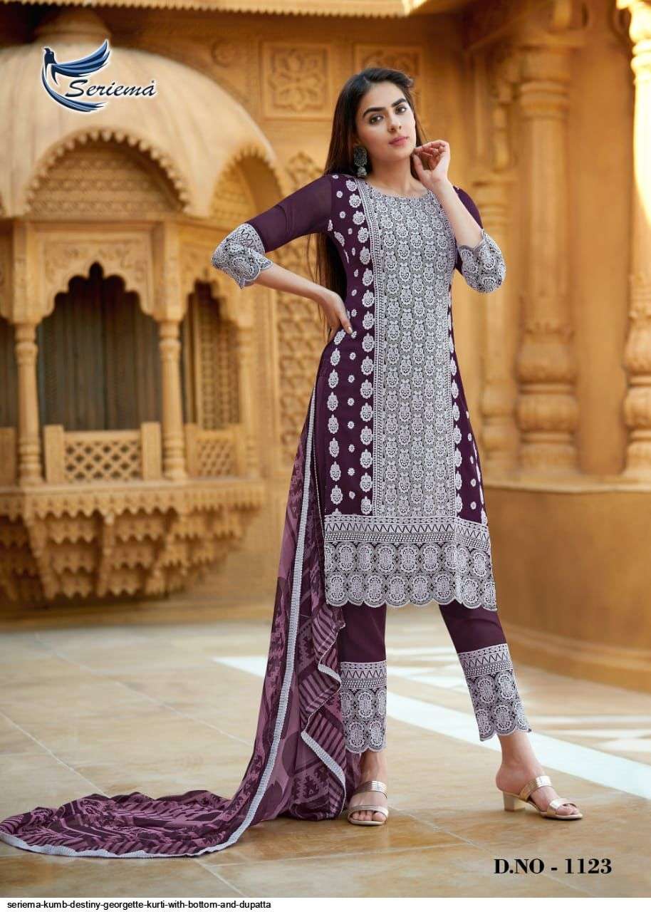 KUMB DESTINY BY SPARROW 1118 TO 1123 SERIES BEAUTIFUL SUITS COLORFUL STYLISH FANCY CASUAL WEAR & ETHNIC WEAR FAUX GEORGETTE DRESSES AT WHOLESALE PRICE