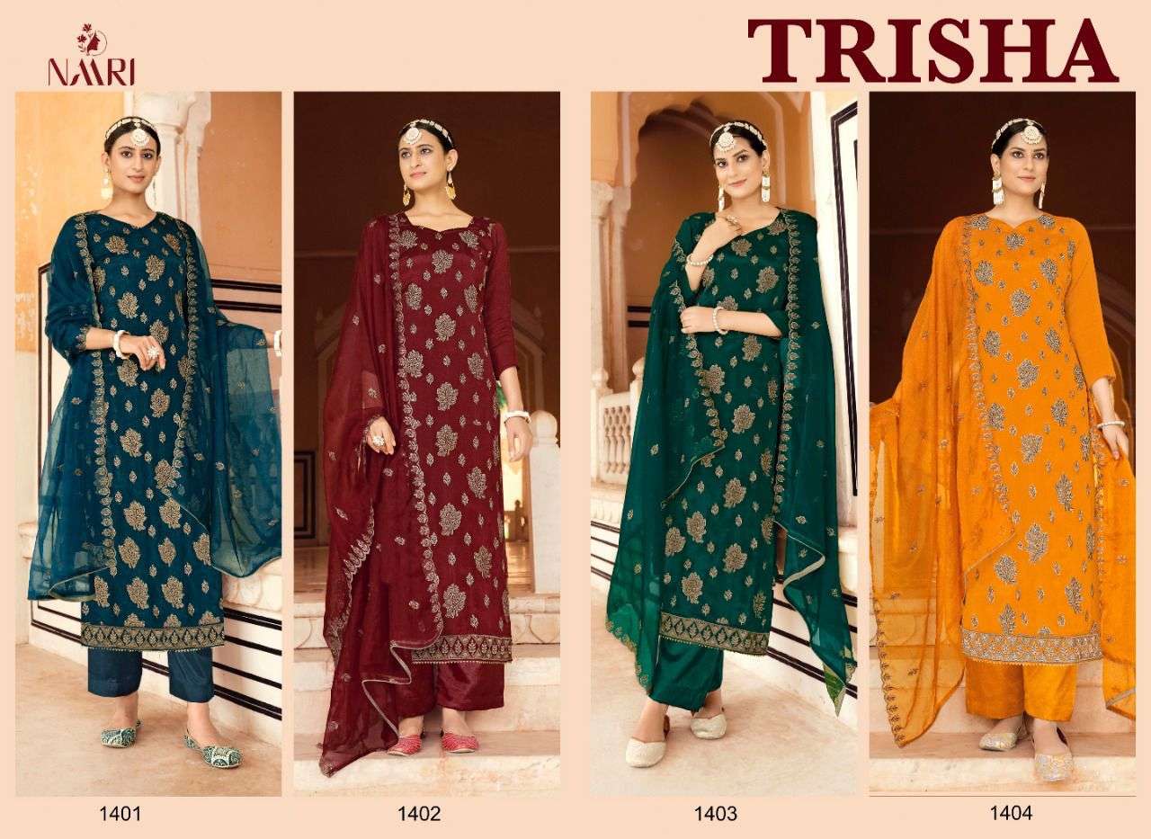 TRISHA BY NAARI 1401 TO 1404 SERIES BEAUTIFUL SHARARA SUITS COLORFUL STYLISH FANCY CASUAL WEAR & ETHNIC WEAR VICHITRA SILK DRESSES AT WHOLESALE PRICE
