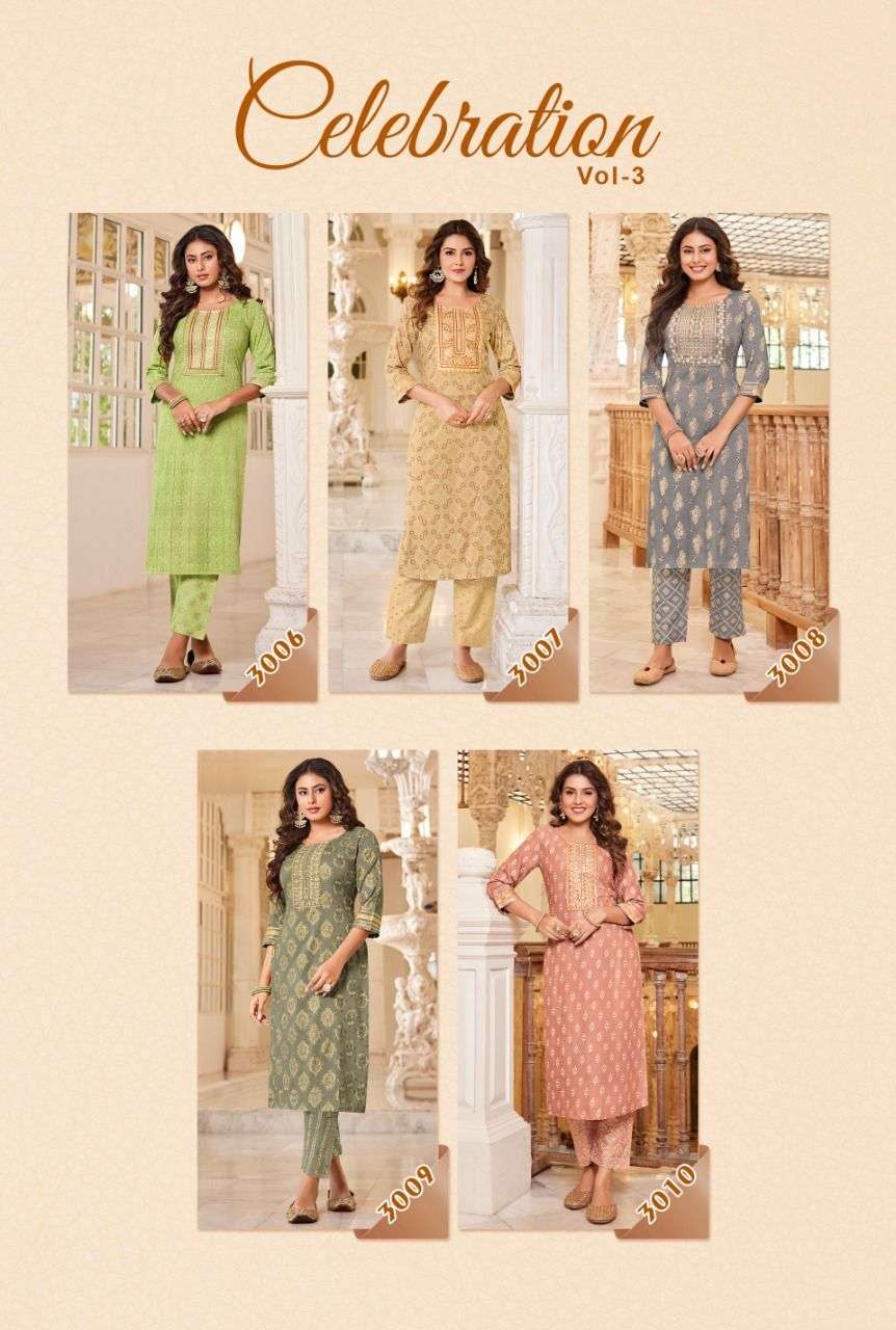 CELEBRATION VOL-3 BY DIYA TRENDS 3001 TO 3010 SERIES BEAUTIFUL STYLISH FANCY COLORFUL CASUAL WEAR & ETHNIC WEAR PURE RAYON KURTIS WITH BOTTOM AT WHOLESALE PRICE