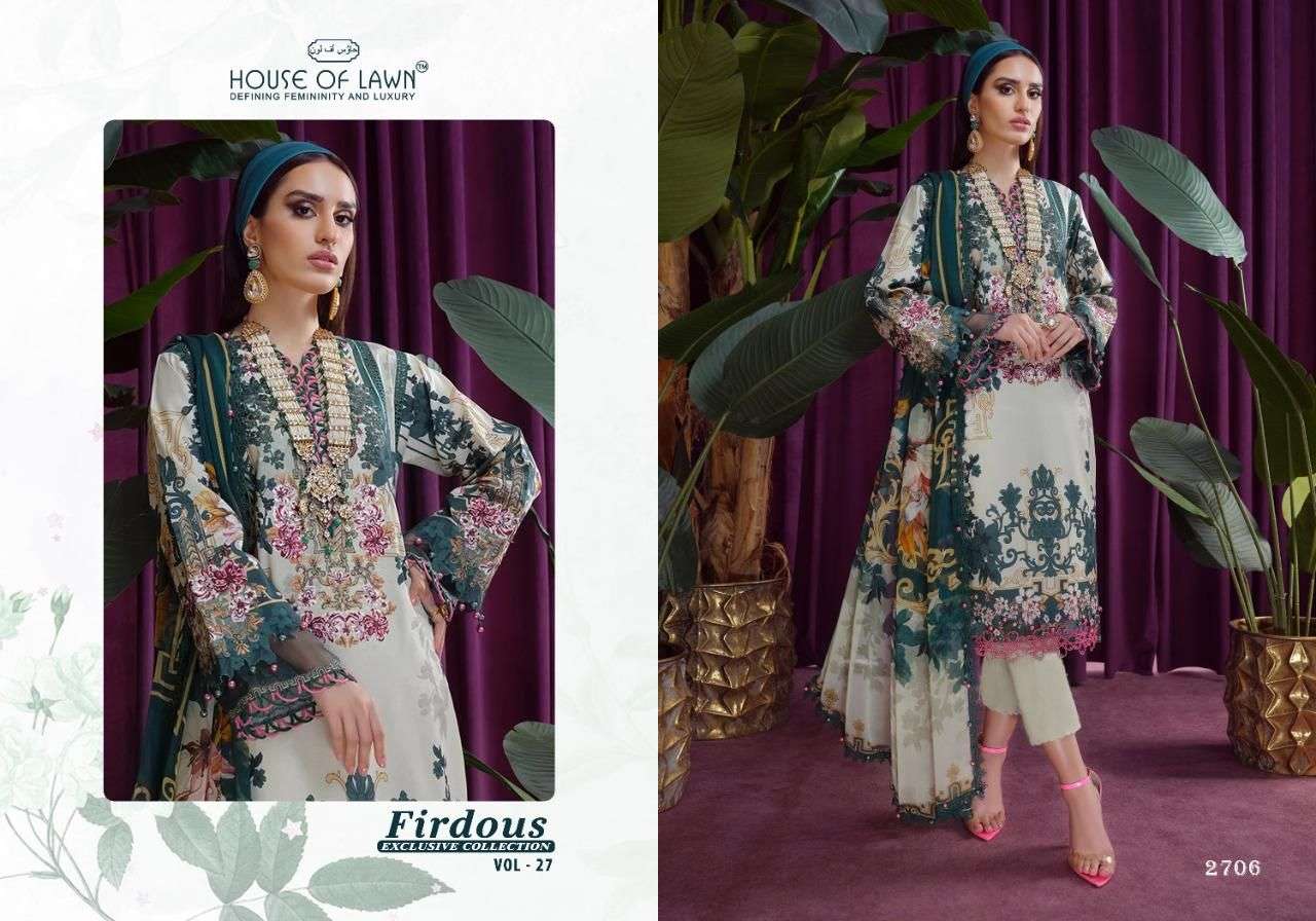 FIRDOUS VOL-27 BY HOUSE OF LAWN 2701 TO 2706 SERIES BEAUTIFUL PAKISTANI SUITS COLORFUL STYLISH FANCY CASUAL WEAR & ETHNIC WEAR PURE LAWN DRESSES AT WHOLESALE PRICE