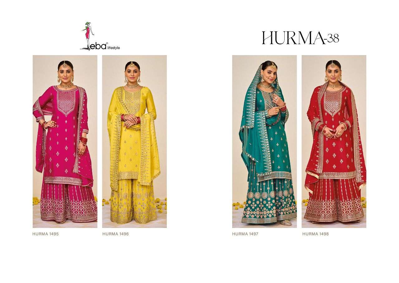 HURMA VOL-38 BY EBA LIFESTYLE 1495 TO 1498 SERIES BEAUTIFUL SHARARA SUITS COLORFUL STYLISH FANCY CASUAL WEAR & ETHNIC WEAR HEAVY CHINNON DRESSES AT WHOLESALE PRICE