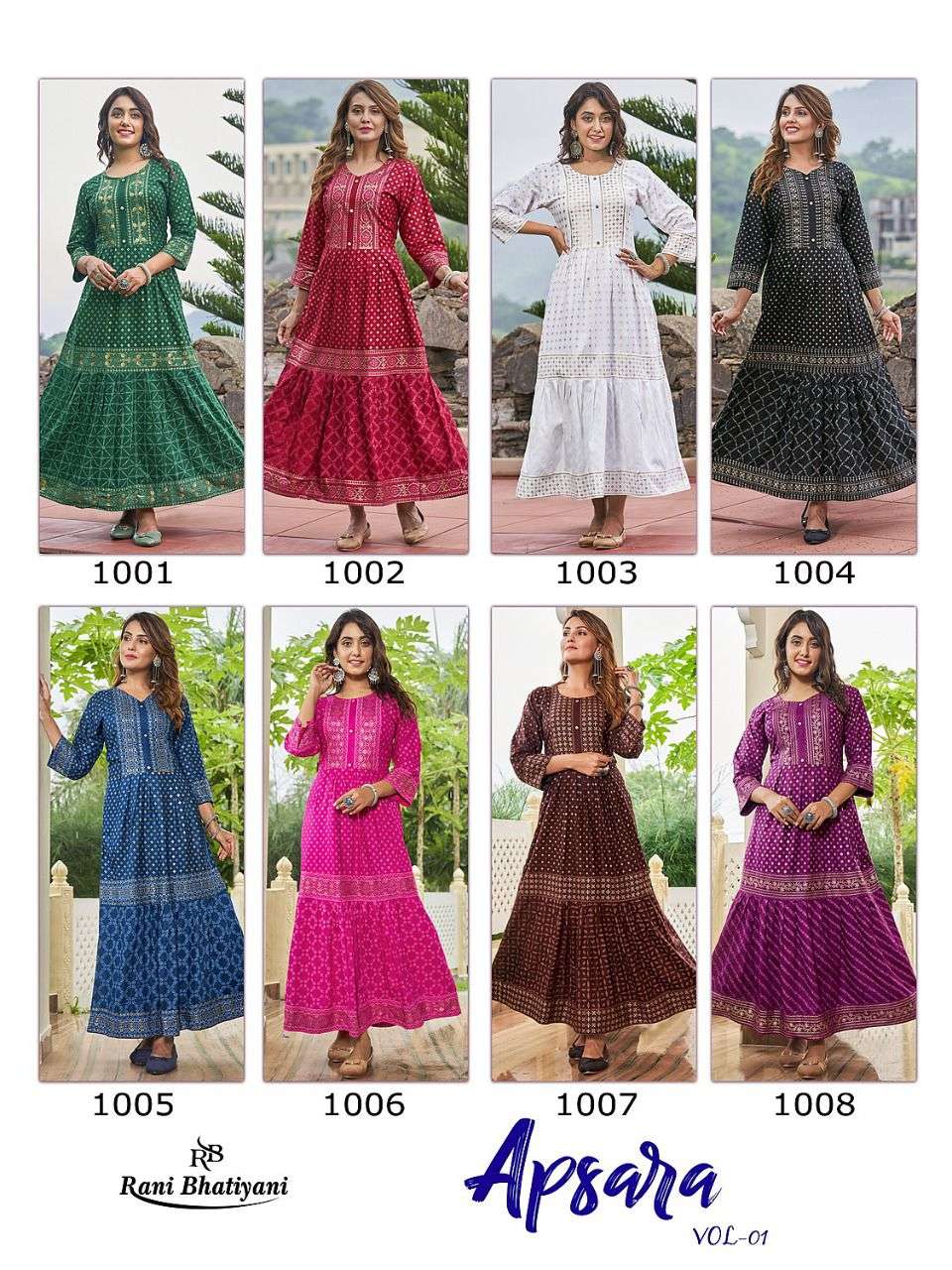 APSARA VOL-1 BY RANI BHATIYANI 1001 TO 1008 SERIES BEAUTIFUL STYLISH FANCY COLORFUL CASUAL WEAR & ETHNIC WEAR RAYON GOWNS AT WHOLESALE PRICE