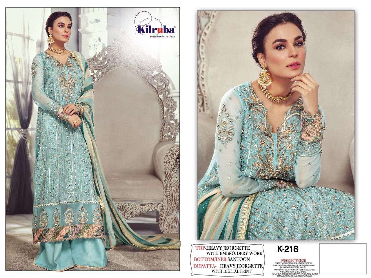 KILRUBA HIT DESIGN K-218 COLOURS BY KILRUBA K-218 TO K-218-B SERIES DESIGNER FESTIVE PAKISTANI SUITS COLLECTION BEAUTIFUL STYLISH FANCY COLORFUL PARTY WEAR & OCCASIONAL WEAR GEORGETTE EMBROIDERED DRESSES AT WHOLESALE PRICE