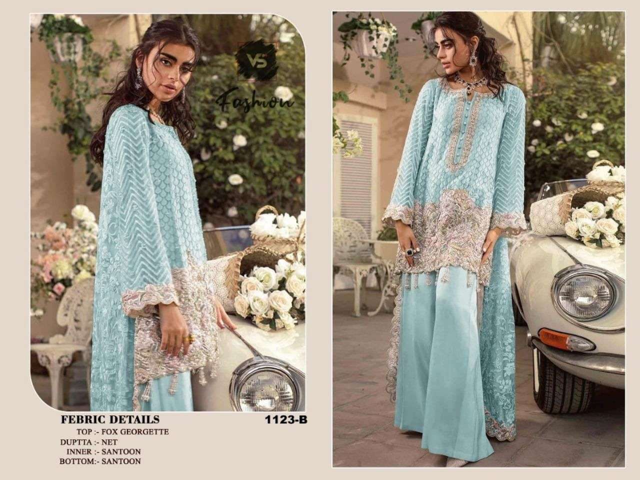 VS HIT DESIGN 1123 COLOURS BY VS FASHION 1123 TO 1123-C SERIES PAKISTANI STYLISH BEAUTIFUL COLOURFUL PRINTED & EMBROIDERED PARTY WEAR & OCCASIONAL WEAR FAUX GEORGETTE EMBROIDERED DRESSES AT WHOLESALE PRICE