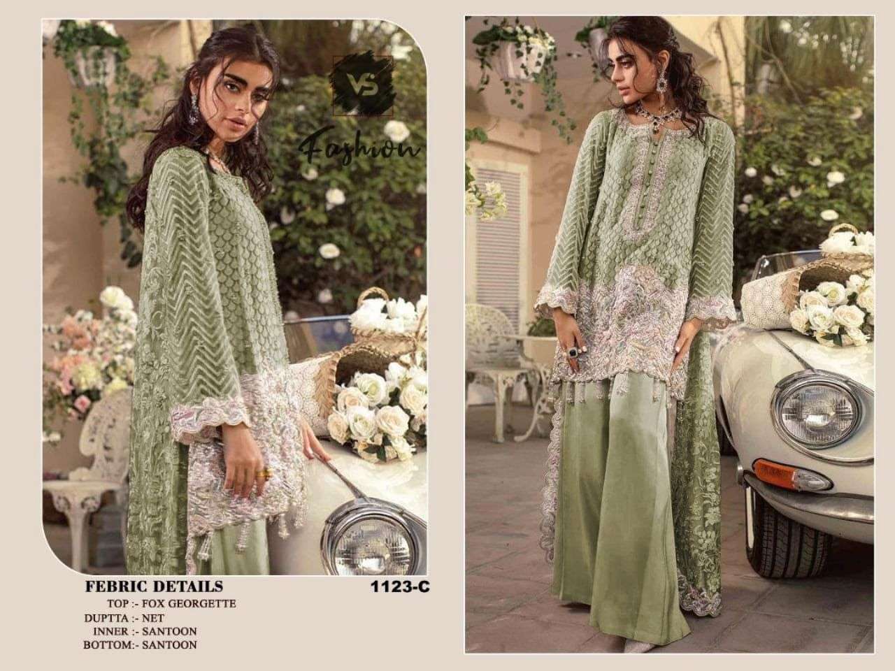 VS HIT DESIGN 1123 COLOURS BY VS FASHION 1123 TO 1123-C SERIES PAKISTANI STYLISH BEAUTIFUL COLOURFUL PRINTED & EMBROIDERED PARTY WEAR & OCCASIONAL WEAR FAUX GEORGETTE EMBROIDERED DRESSES AT WHOLESALE PRICE