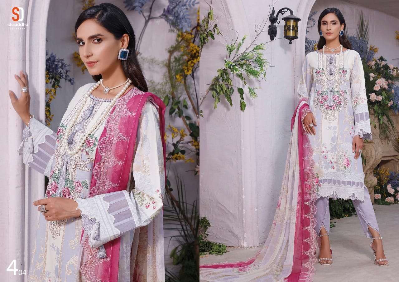 SHRADDHA DESIGNER HIT DESIGN 404 BY SHRADDHA DESIGNER PAKISTANI STYLISH BEAUTIFUL COLOURFUL PRINTED & EMBROIDERED PARTY WEAR & OCCASIONAL WEAR PURE COTTON EMBROIDERED DRESSES AT WHOLESALE PRICE