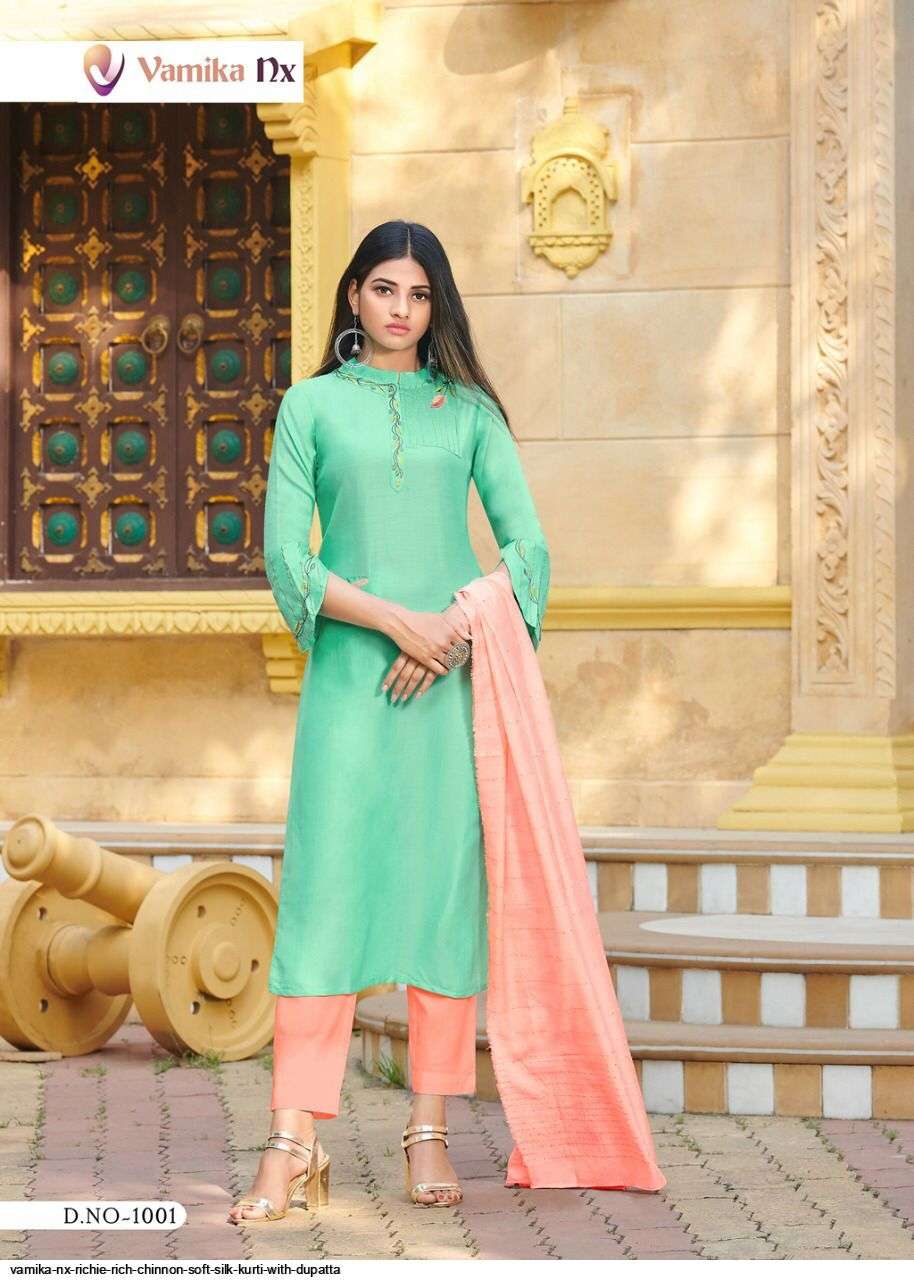 RICHIE RICH BY VAMIKA 1001 TO 1006 SERIES DESIGNER STYLISH FANCY COLORFUL BEAUTIFUL PARTY WEAR & ETHNIC WEAR COLLECTION CHINNON SILK KURTIS WITH DUPATTA AT WHOLESALE PRICE