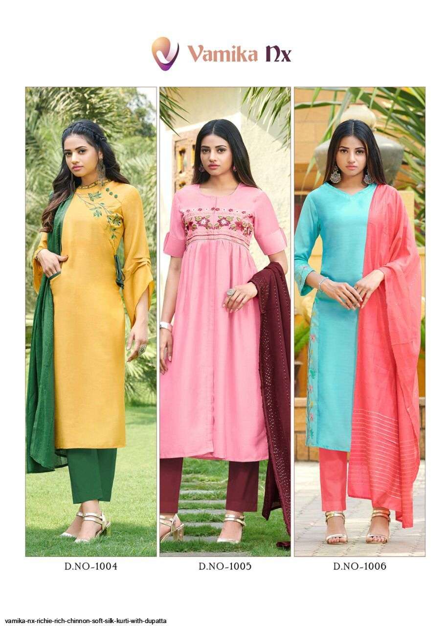 RICHIE RICH BY VAMIKA 1001 TO 1006 SERIES DESIGNER STYLISH FANCY COLORFUL BEAUTIFUL PARTY WEAR & ETHNIC WEAR COLLECTION CHINNON SILK KURTIS WITH DUPATTA AT WHOLESALE PRICE