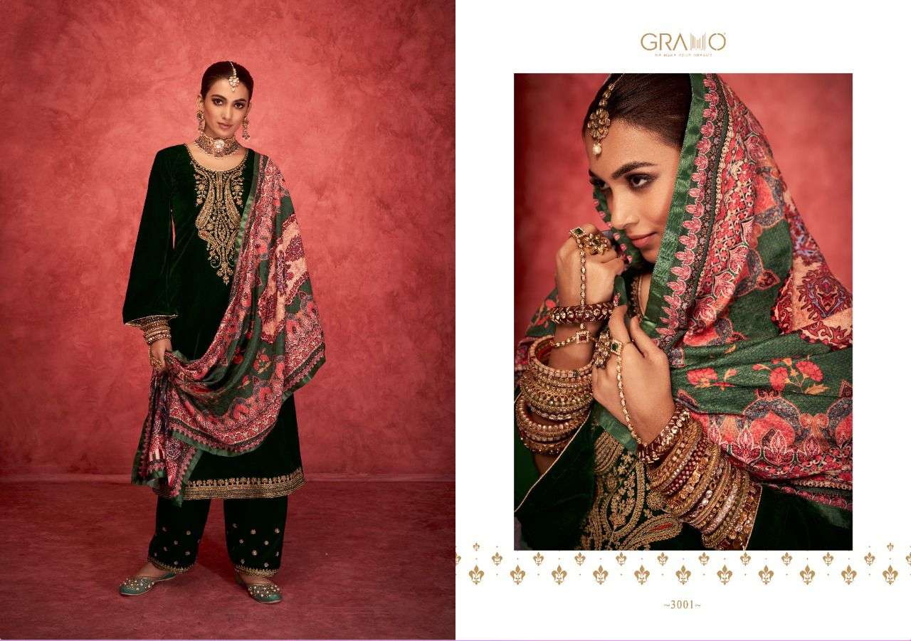 VELVET VOL-3 BY GRAMO 3001 TO 3004 SERIES BEAUTIFUL SUITS COLORFUL STYLISH FANCY CASUAL WEAR & ETHNIC WEAR VELVET DRESSES AT WHOLESALE PRICE