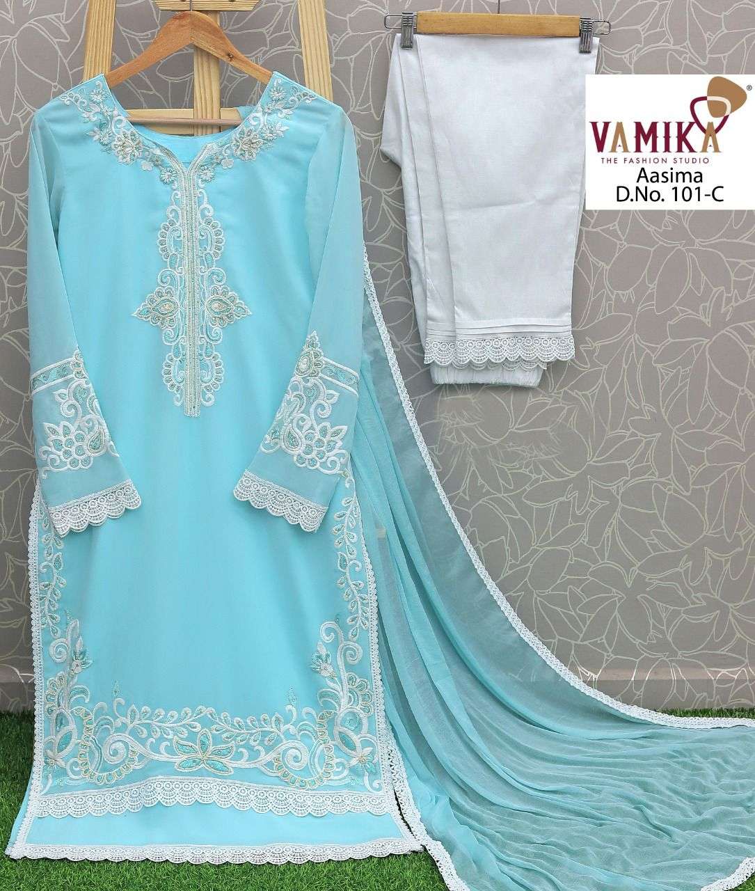 AASIMA BY VAMIKA 101-A TO 101-D SERIES DESIGNER PAKISTANI SUITS BEAUTIFUL FANCY COLORFUL STYLISH PARTY WEAR & OCCASIONAL WEAR FAUX GEORGETTE EMBROIDERY DRESSES AT WHOLESALE PRICE