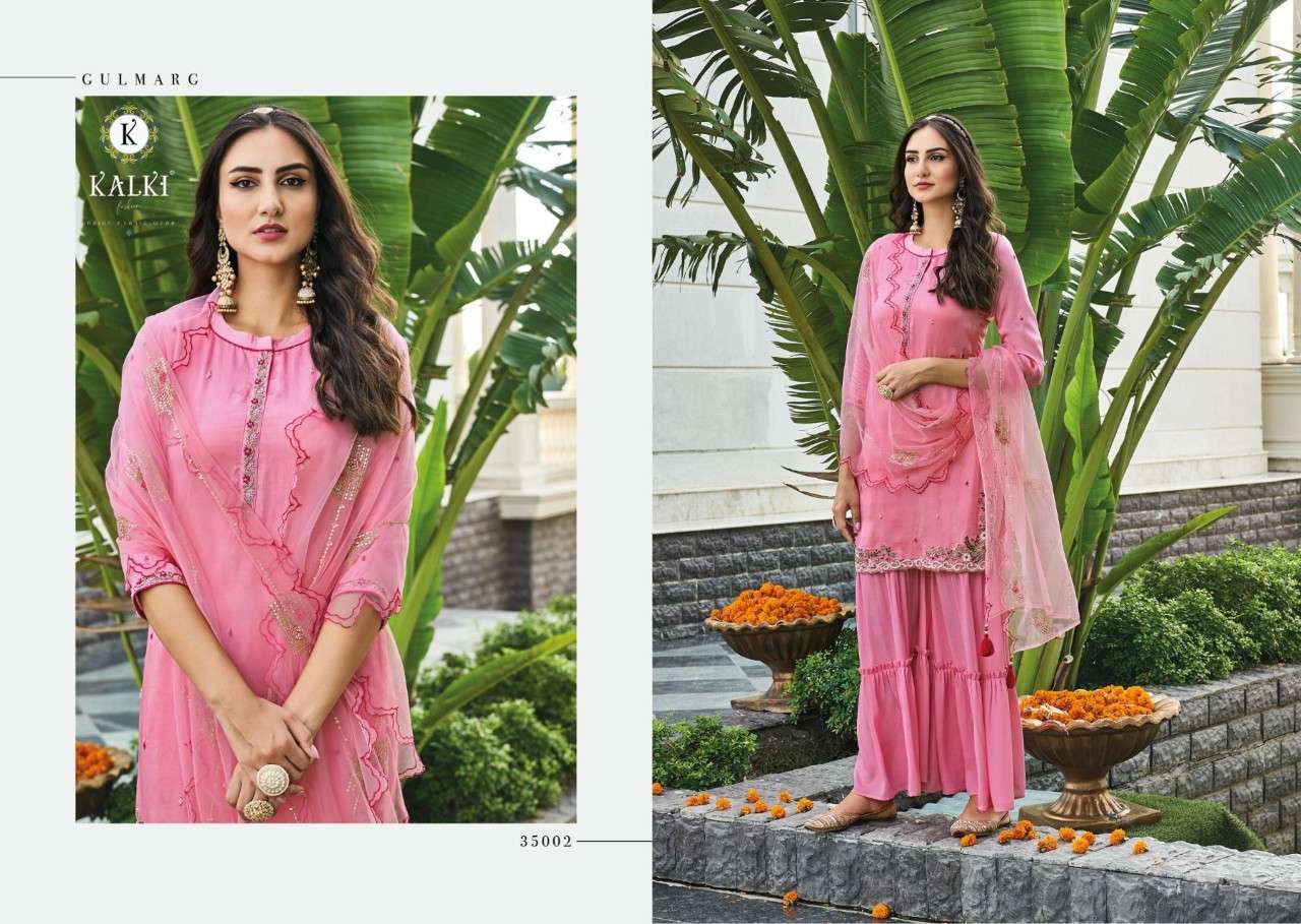 Gulmarg By Kalki 35001 To 35006 Series Beautiful Sharara Suits Colorful Stylish Fancy Casual Wear & Ethnic Wear Chinnon Chiffon Viscose Silk Embroidered Dresses At Wholesale Price