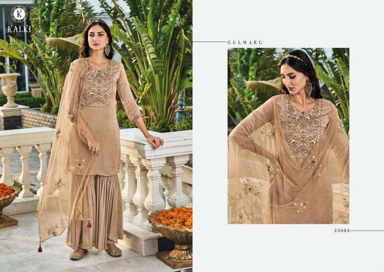 Gulmarg By Kalki 35001 To 35006 Series Beautiful Sharara Suits Colorful Stylish Fancy Casual Wear & Ethnic Wear Chinnon Chiffon Viscose Silk Embroidered Dresses At Wholesale Price