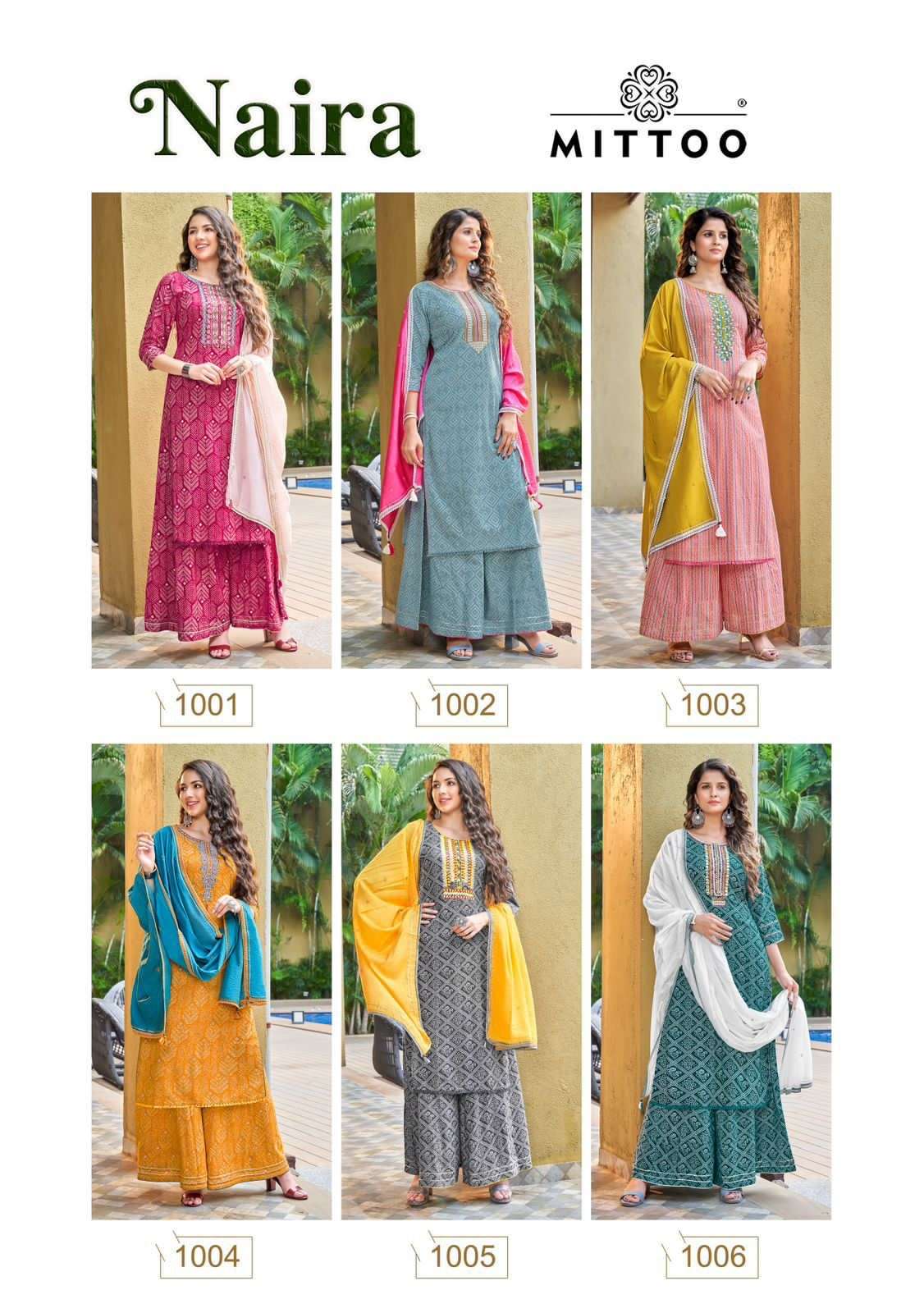 NAIRA BY MITTOO 1001 TO 1006 SERIES DESIGNER SHARARA SUITS BEAUTIFUL FANCY COLORFUL STYLISH PARTY WEAR & OCCASIONAL WEAR RAYON PRINT DRESSES AT WHOLESALE PRICE