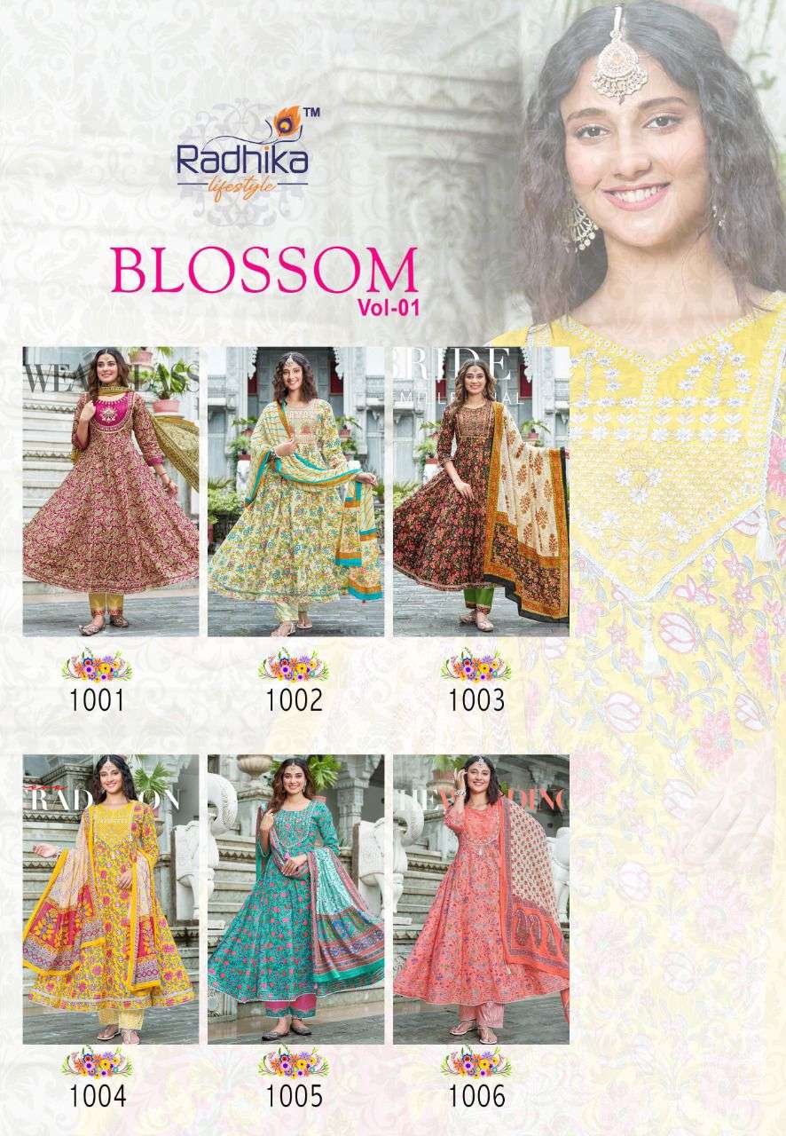 BLOSSOM VOL-1 BY RADHIKA LIFESTYLE 1001 TO 1006 SERIES BEAUTIFUL ANARKALI SUITS COLORFUL STYLISH FANCY CASUAL WEAR & ETHNIC WEAR COTTON PRINT DRESSES AT WHOLESALE PRICE