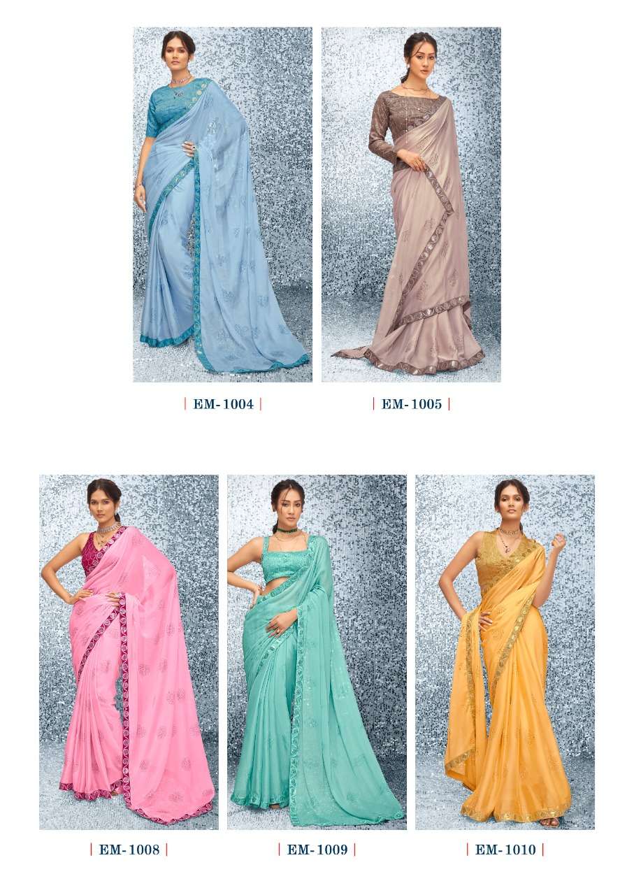 Emily By Stavan 1001 To 1010 Series Indian Traditional Wear Collection Beautiful Stylish Fancy Colorful Party Wear & Occasional Wear Satin Chiffon Sarees At Wholesale Price