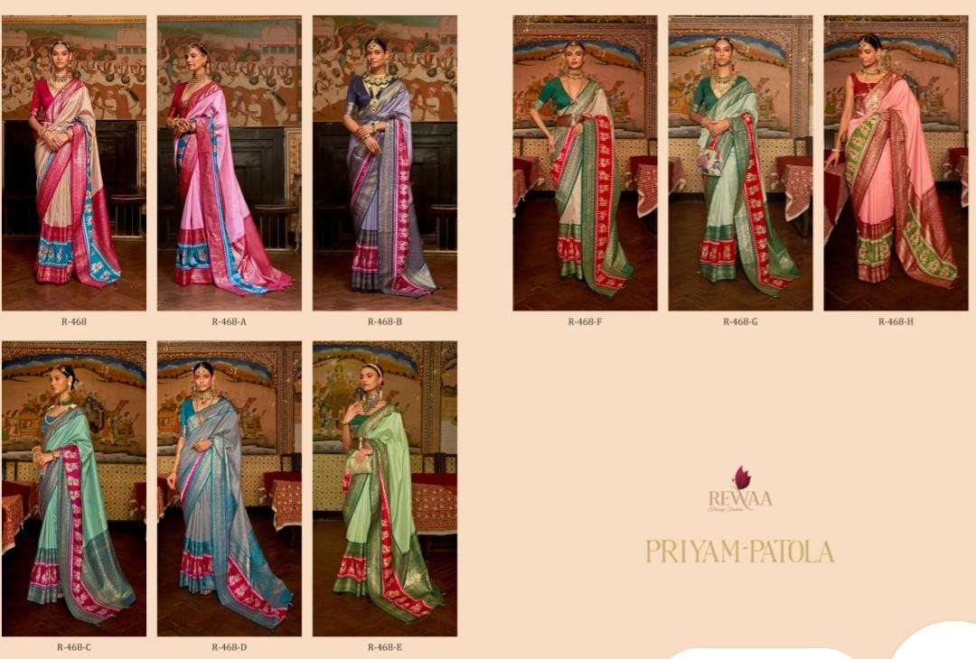 Priyam Patola By Rewaa 468 To 468-H Series Indian Traditional Wear Collection Beautiful Stylish Fancy Colorful Party Wear & Occasional Wear Pure Silk Sarees At Wholesale Price