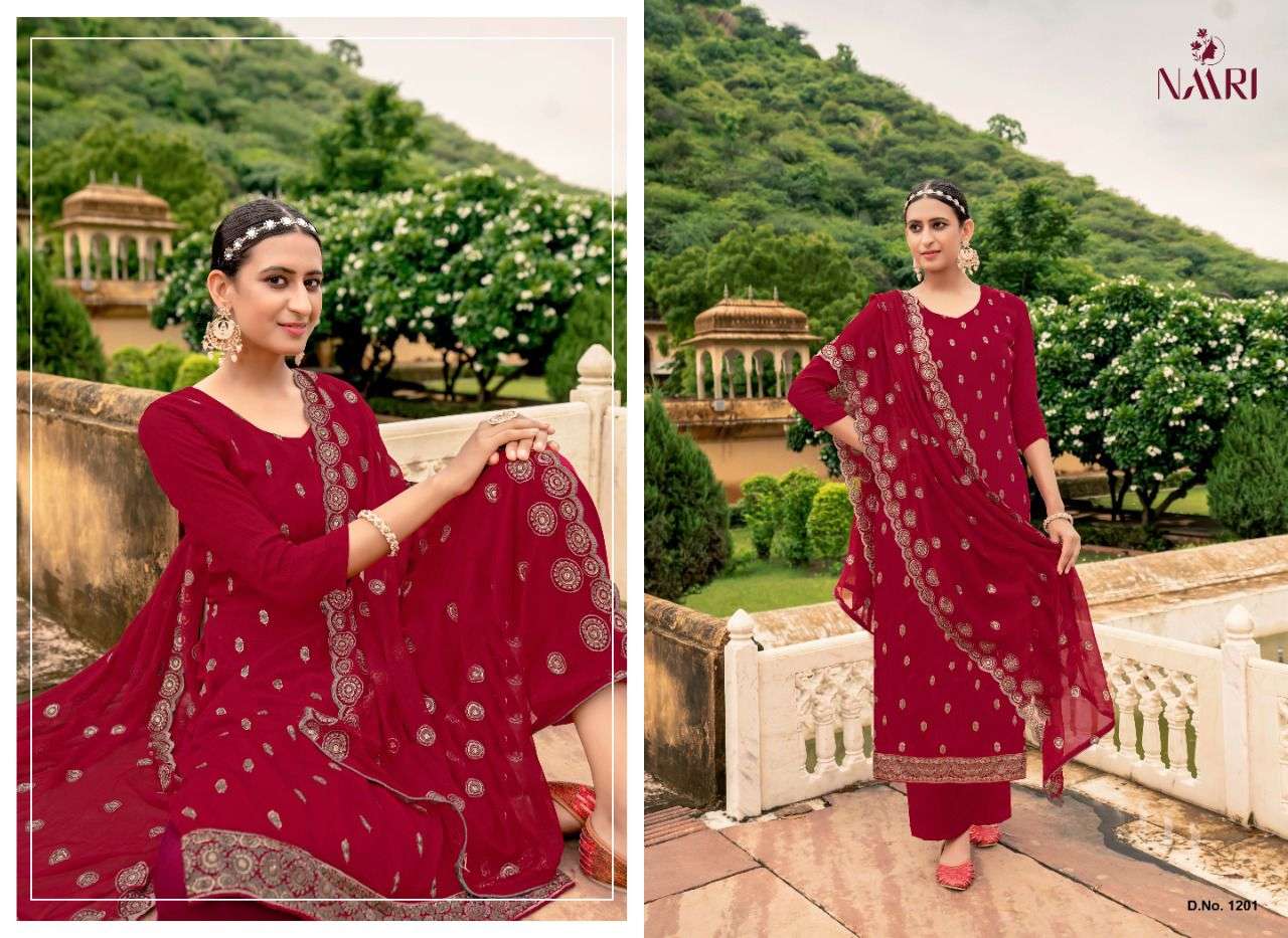 RIVERA BY NAARI 1201 TO 1204 SERIES DESIGNER SUITS BEAUTIFUL STYLISH FANCY COLORFUL PARTY WEAR & OCCASIONAL WEAR VICHITRA SILK DRESSES AT WHOLESALE PRICE