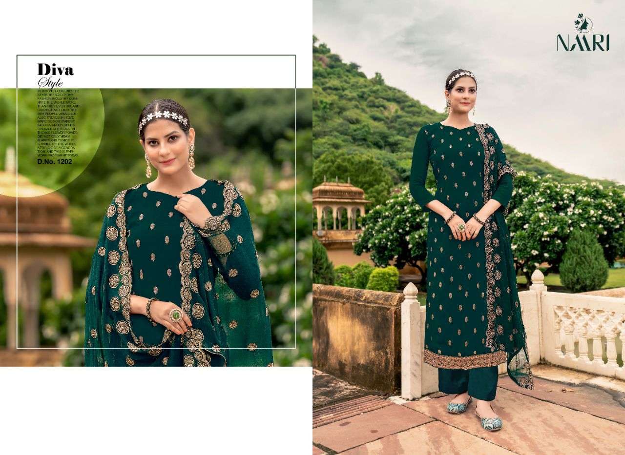 RIVERA BY NAARI 1201 TO 1204 SERIES DESIGNER SUITS BEAUTIFUL STYLISH FANCY COLORFUL PARTY WEAR & OCCASIONAL WEAR VICHITRA SILK DRESSES AT WHOLESALE PRICE