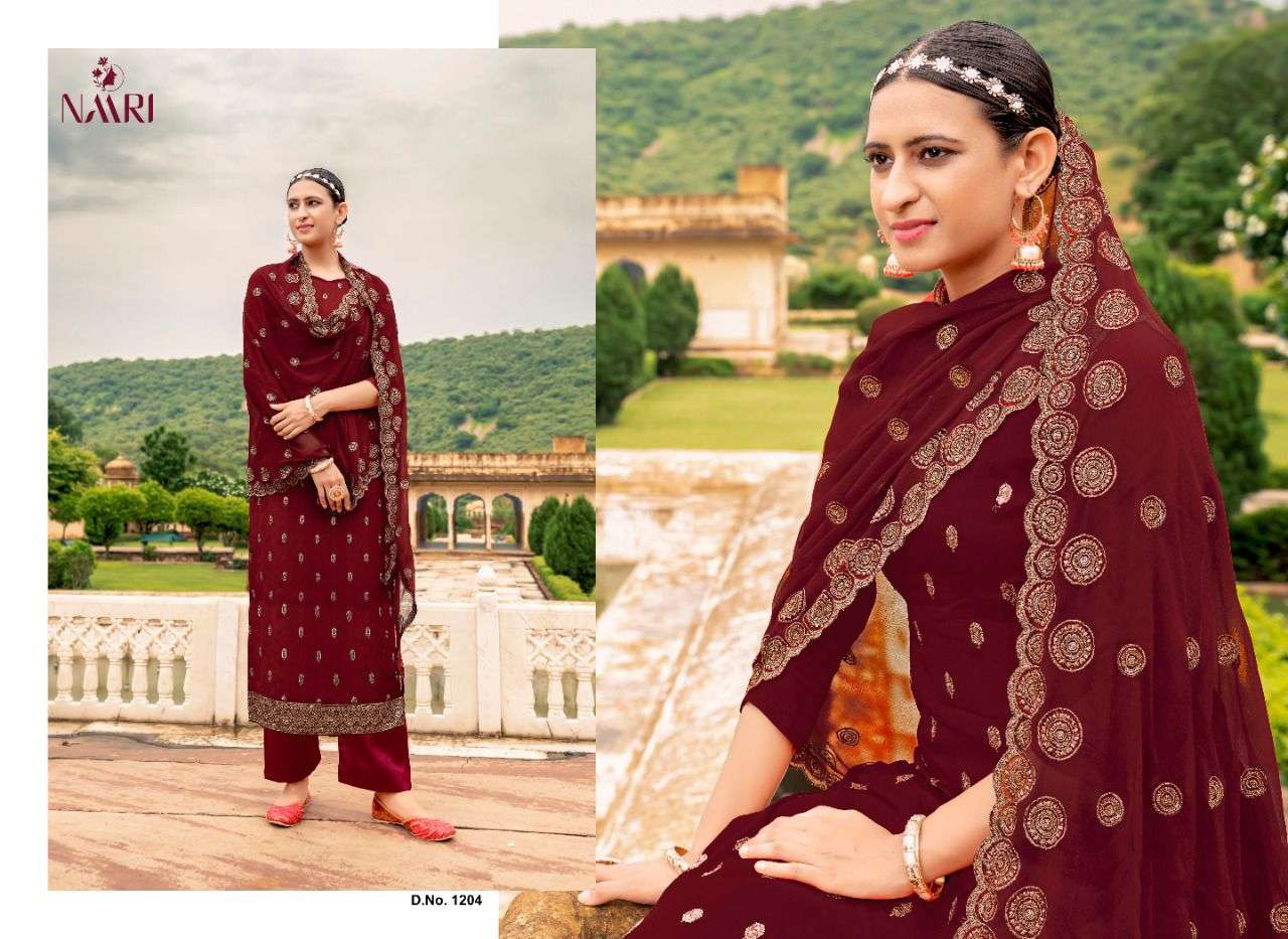 RIVERA BY NAARI 1201 TO 1204 SERIES DESIGNER SUITS BEAUTIFUL STYLISH FANCY COLORFUL PARTY WEAR & OCCASIONAL WEAR VICHITRA SILK DRESSES AT WHOLESALE PRICE