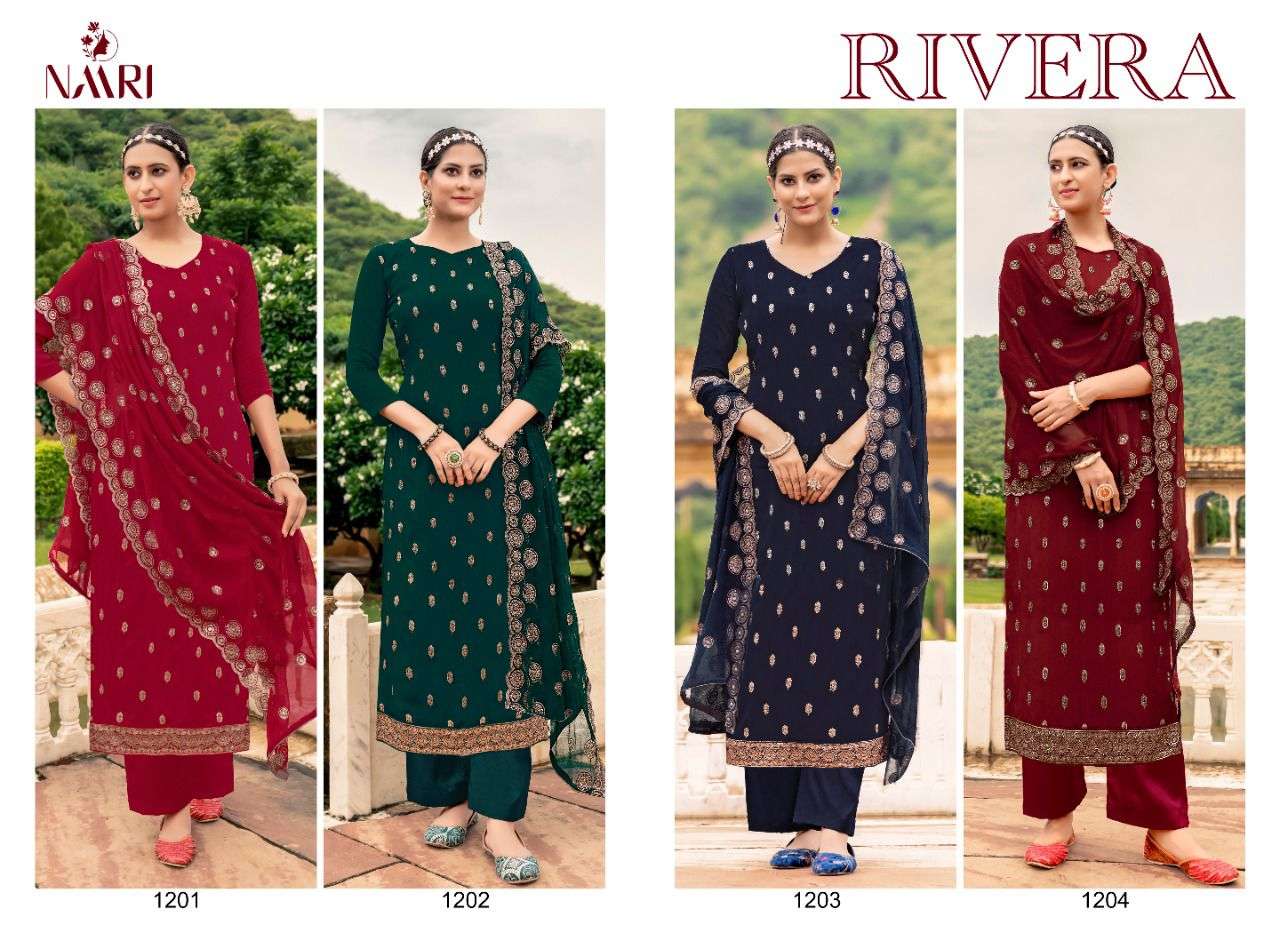 RIVERA BY NAARI 1201 TO 1204 SERIES DESIGNER SUITS BEAUTIFUL STYLISH FANCY COLORFUL PARTY WEAR & OCCASIONAL WEAR VICHITRA SILK DRESSES AT WHOLESALE PRICE