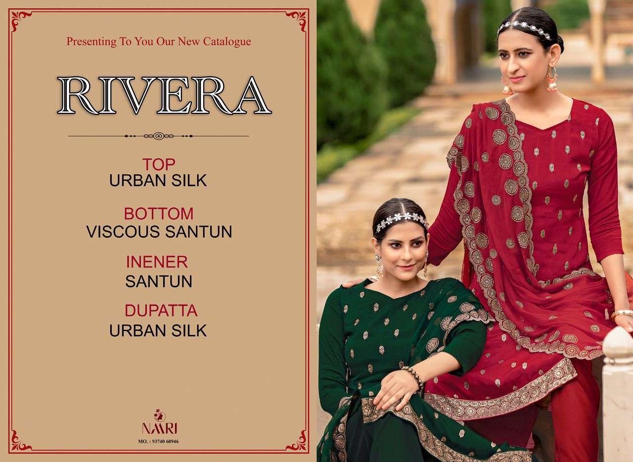 RIVERA BY NAARI 1201 TO 1204 SERIES DESIGNER SUITS BEAUTIFUL STYLISH FANCY COLORFUL PARTY WEAR & OCCASIONAL WEAR VICHITRA SILK DRESSES AT WHOLESALE PRICE