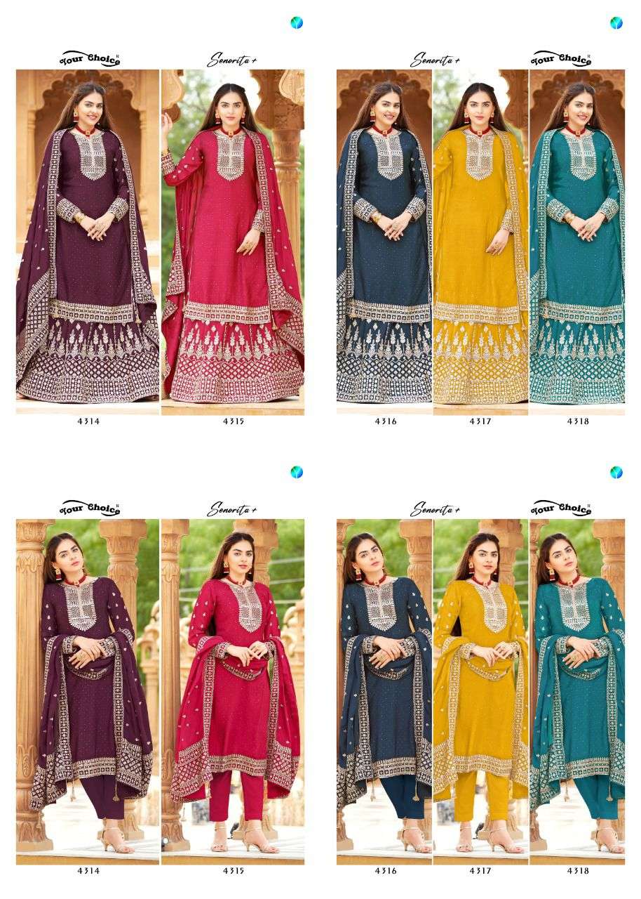 Senorita Plus By Your Choice 4314 To 4318 Series Designer Suits Beautiful Stylish Fancy Colorful Party Wear & Occasional Wear Heavy Chinnon Dresses At Wholesale Price