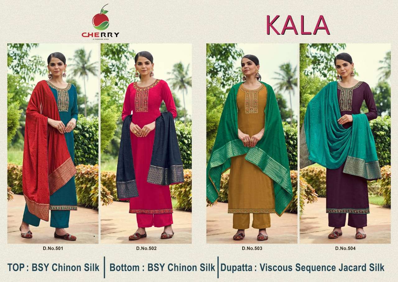 KALA BY CHERRY 51 TO 504 SERIES DESIGNER SUITS COLLECTION BEAUTIFUL STYLISH COLORFUL FANCY PARTY WEAR & OCCASIONAL WEAR PURE SILK DRESSES AT WHOLESALE PRICE
