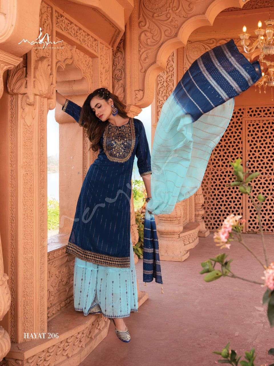 HAYAT VOL-2 BY MAYUR 201 TO 206 SERIES BEAUTIFUL SHARARA SUITS COLORFUL STYLISH FANCY CASUAL WEAR & ETHNIC WEAR SILK EMBROIDERED DRESSES AT WHOLESALE PRICE