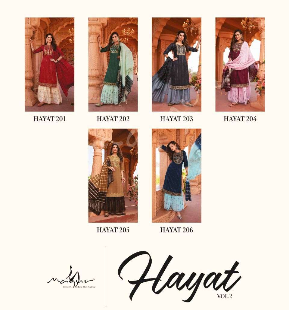 HAYAT VOL-2 BY MAYUR 201 TO 206 SERIES BEAUTIFUL SHARARA SUITS COLORFUL STYLISH FANCY CASUAL WEAR & ETHNIC WEAR SILK EMBROIDERED DRESSES AT WHOLESALE PRICE