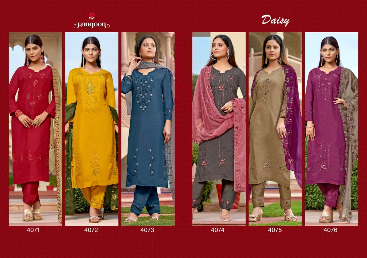 DAISY BY RANGOON 4071 TO 4076 SERIES BEAUTIFUL SUITS COLORFUL STYLISH FANCY CASUAL WEAR & ETHNIC WEAR VISCOSE EMBROIDERED DRESSES AT WHOLESALE PRICE