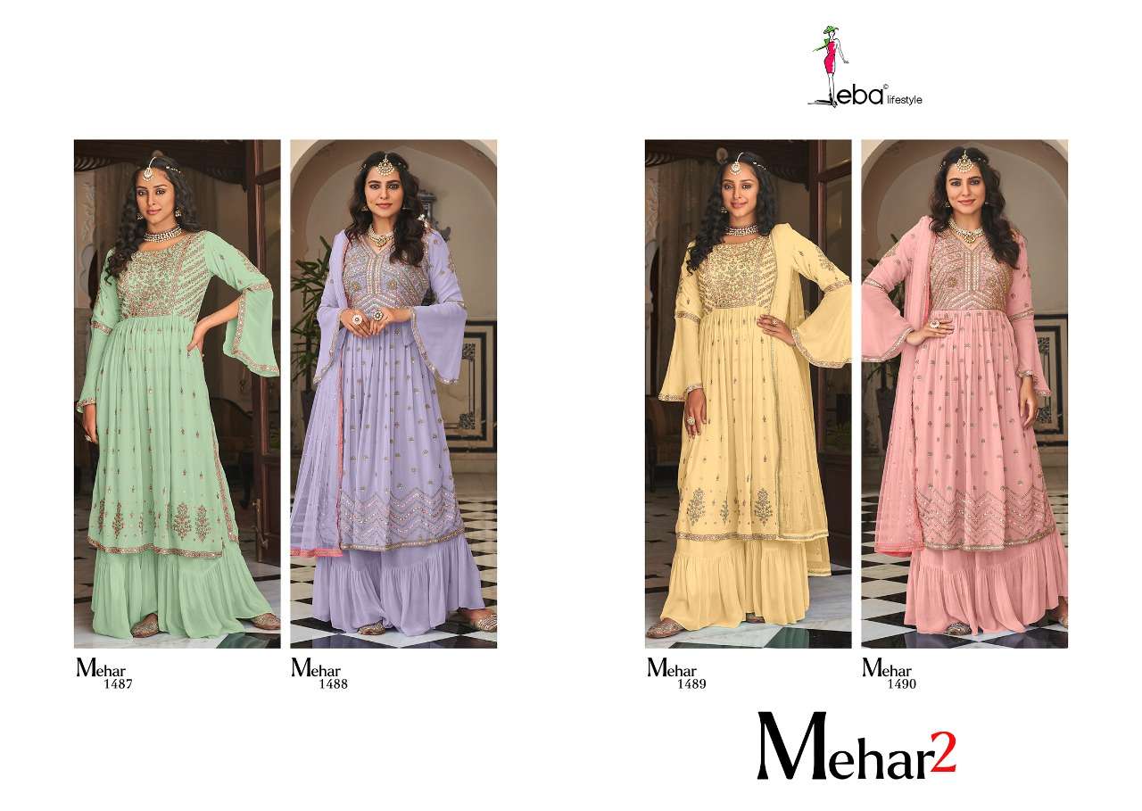 MEHAR VOL-2 BY EBA LIFESTYLE 1487 TO 1490 SERIES BEAUTIFUL SHARARA SUITS COLORFUL STYLISH FANCY CASUAL WEAR & ETHNIC WEAR FAUX GEORGETTE EMBROIDERED DRESSES AT WHOLESALE PRICE