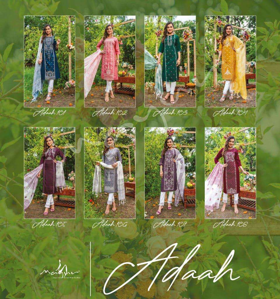 ADAAH BY MAYUR 101 TO 108 SERIES BEAUTIFUL SUITS COLORFUL STYLISH FANCY CASUAL WEAR & ETHNIC WEAR CHINNON DRESSES AT WHOLESALE PRICE