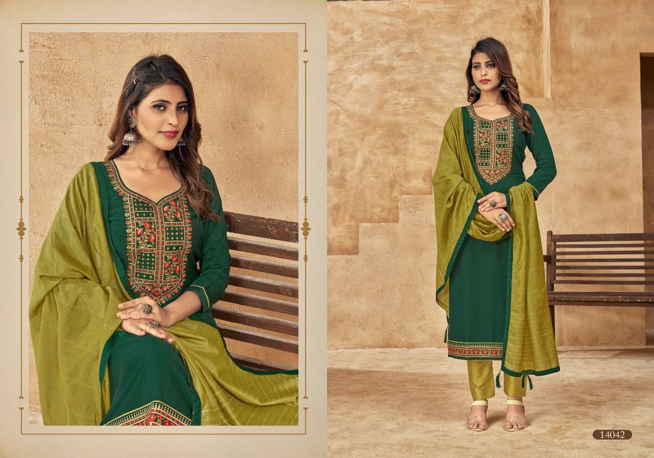 ONE PLUS BY PANCH RATNA 14041 TO 14045 SERIES BEAUTIFUL SUITS COLORFUL STYLISH FANCY CASUAL WEAR & ETHNIC WEAR PARAMPARA SILK DRESSES AT WHOLESALE PRICE