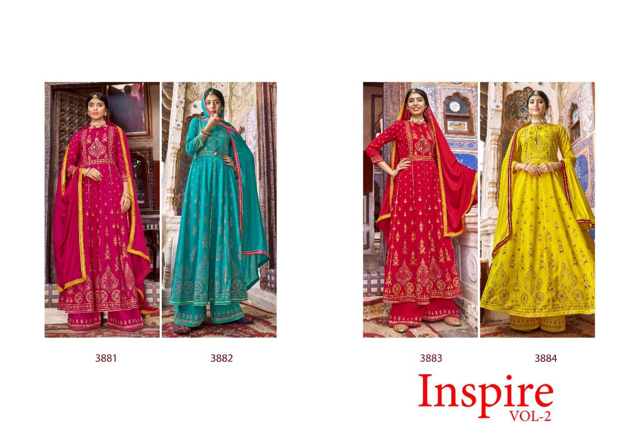 INSPIRE VOL-2 BY RANGOON 3881 TO 3884 SERIES BEAUTIFUL SUITS COLORFUL STYLISH FANCY CASUAL WEAR & ETHNIC WEAR HEAVY RAYON PRINT DRESSES AT WHOLESALE PRICE